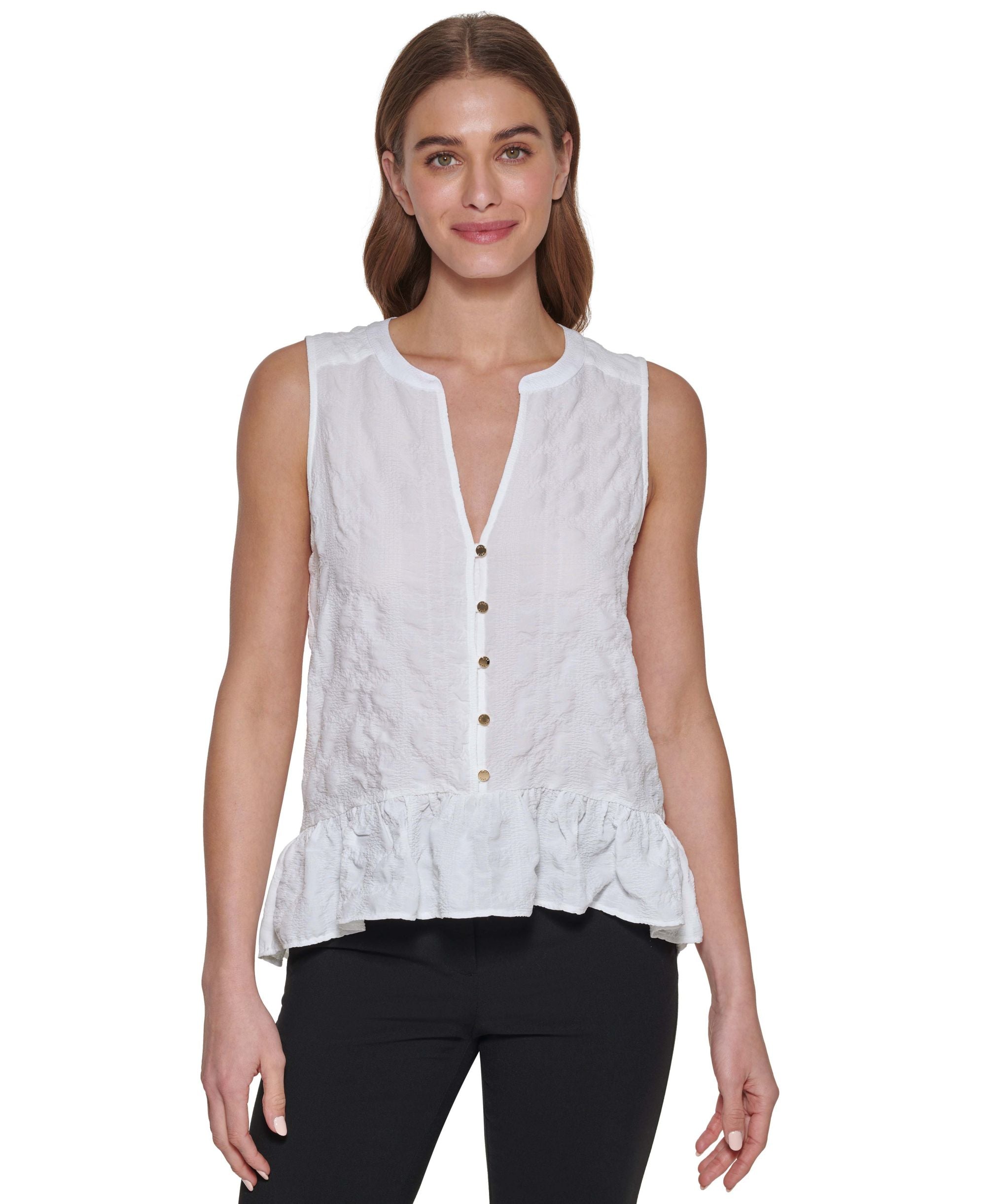 Women's Sleeveless Crinkled Ruffled-Hem Top