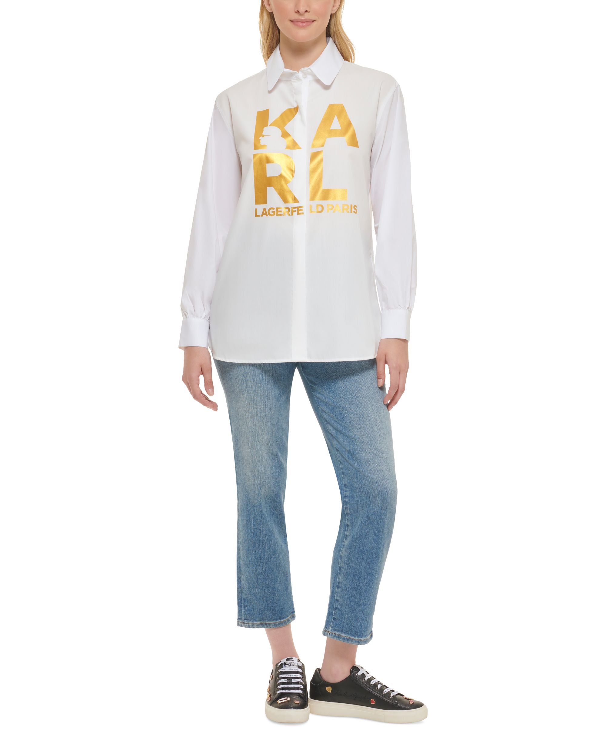 Karl Lagerfeld Paris Womens Cotton Gold Logo Button Up Shirt