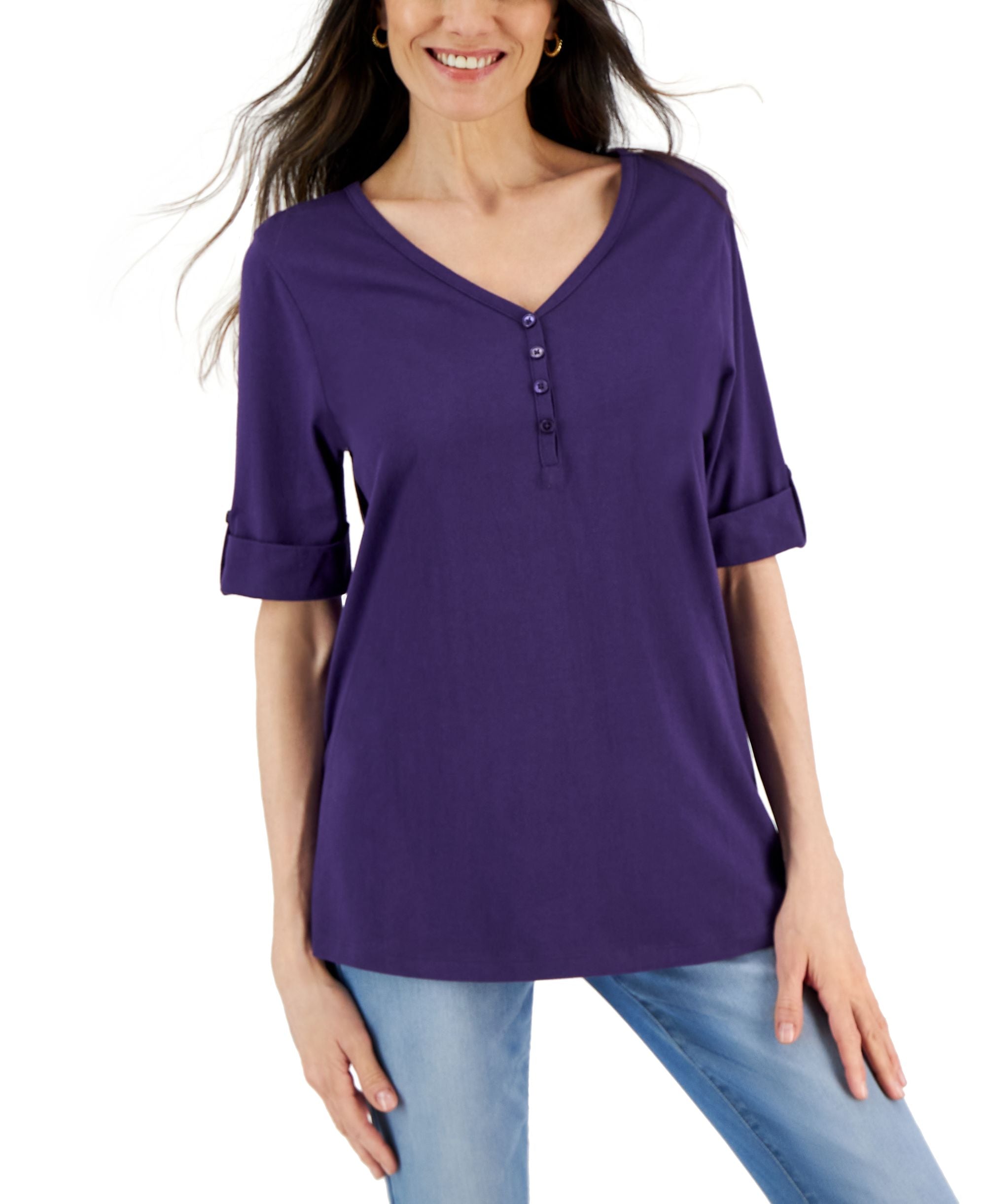 Solid Elbow-Sleeve Henley Tunic Top