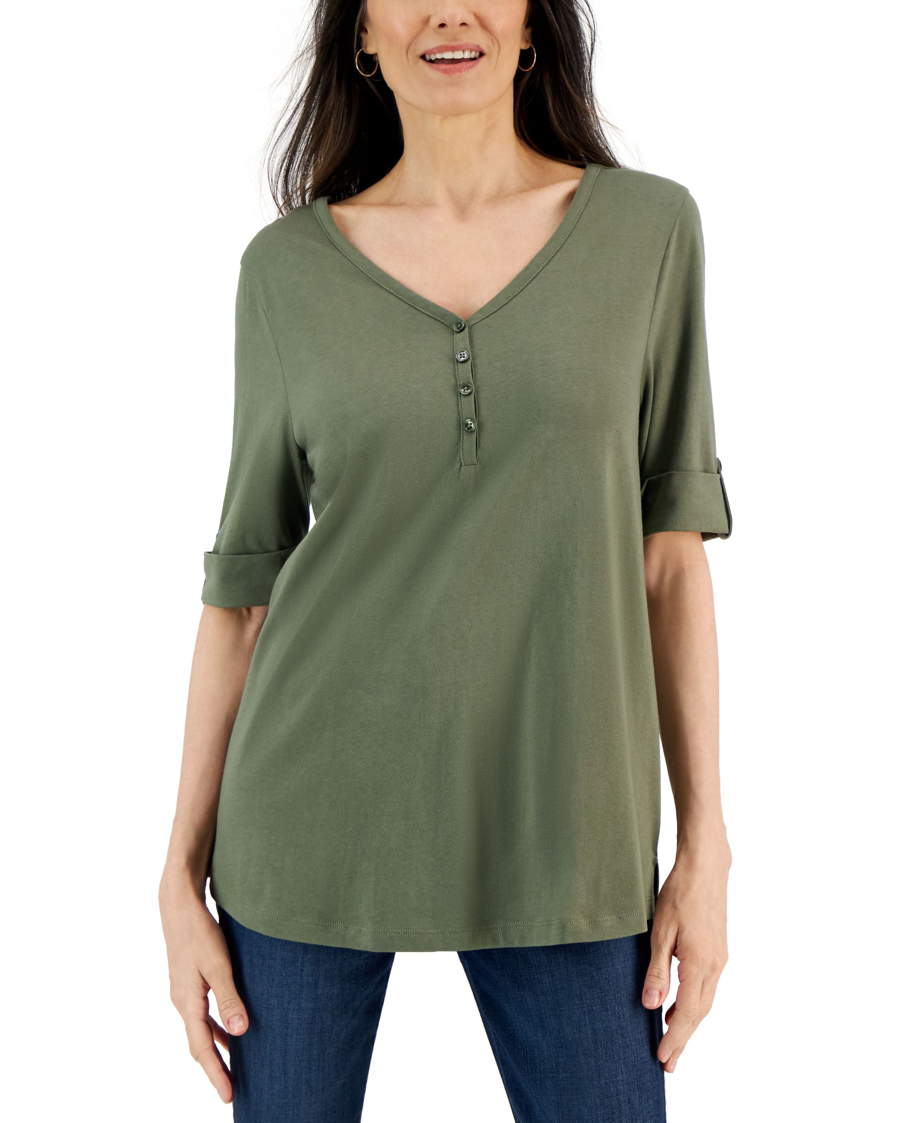 Solid Elbow-Sleeve Henley Tunic Top