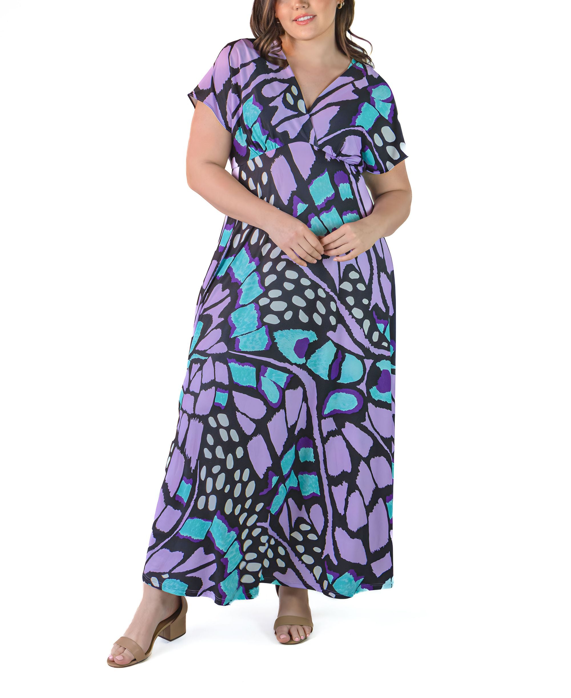 24seven Comfort Apparel Plus Size Empire Waist V Neck Maxi Dress