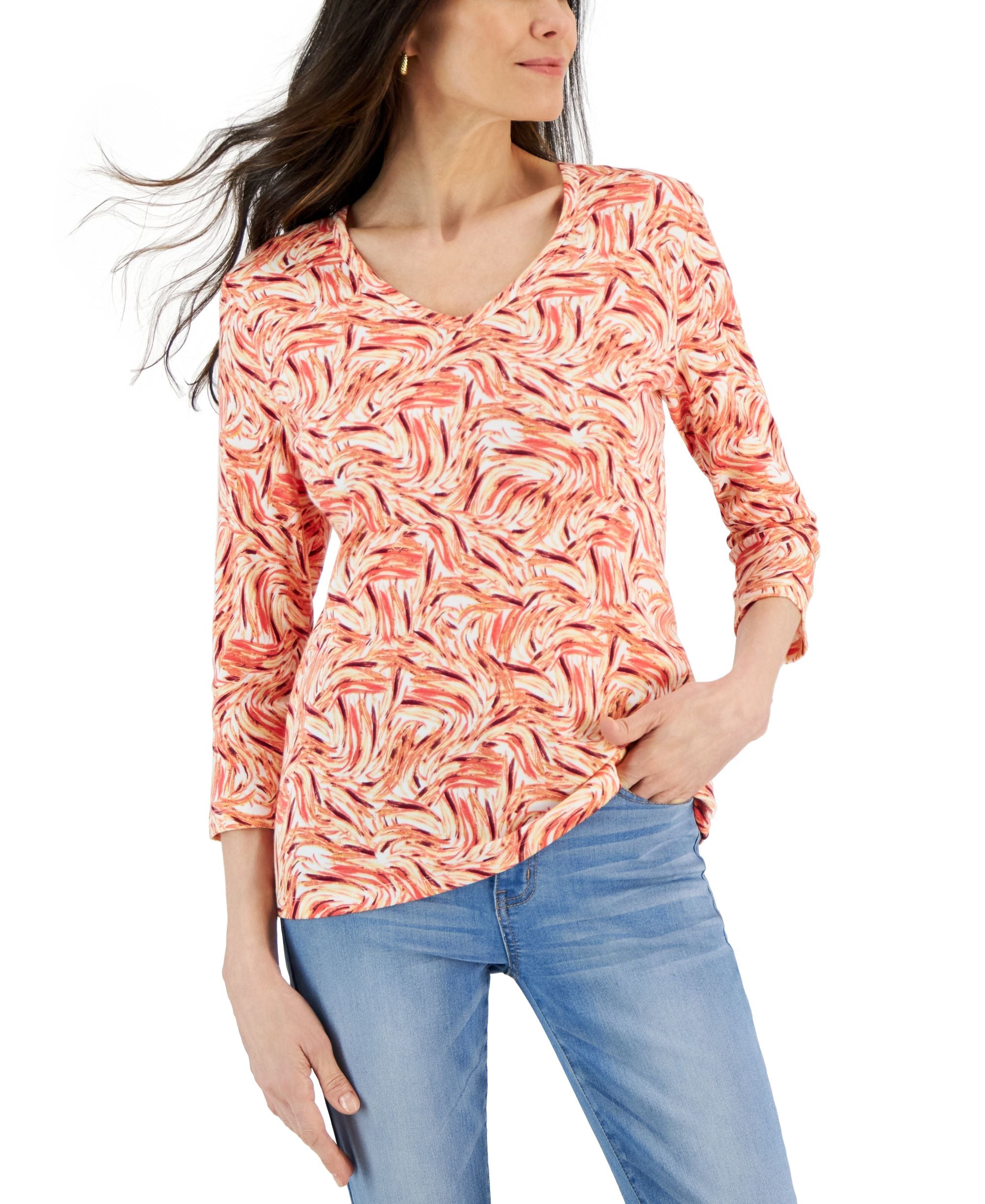 Petite Printed V-Neck 3/4-Sleeve Top
