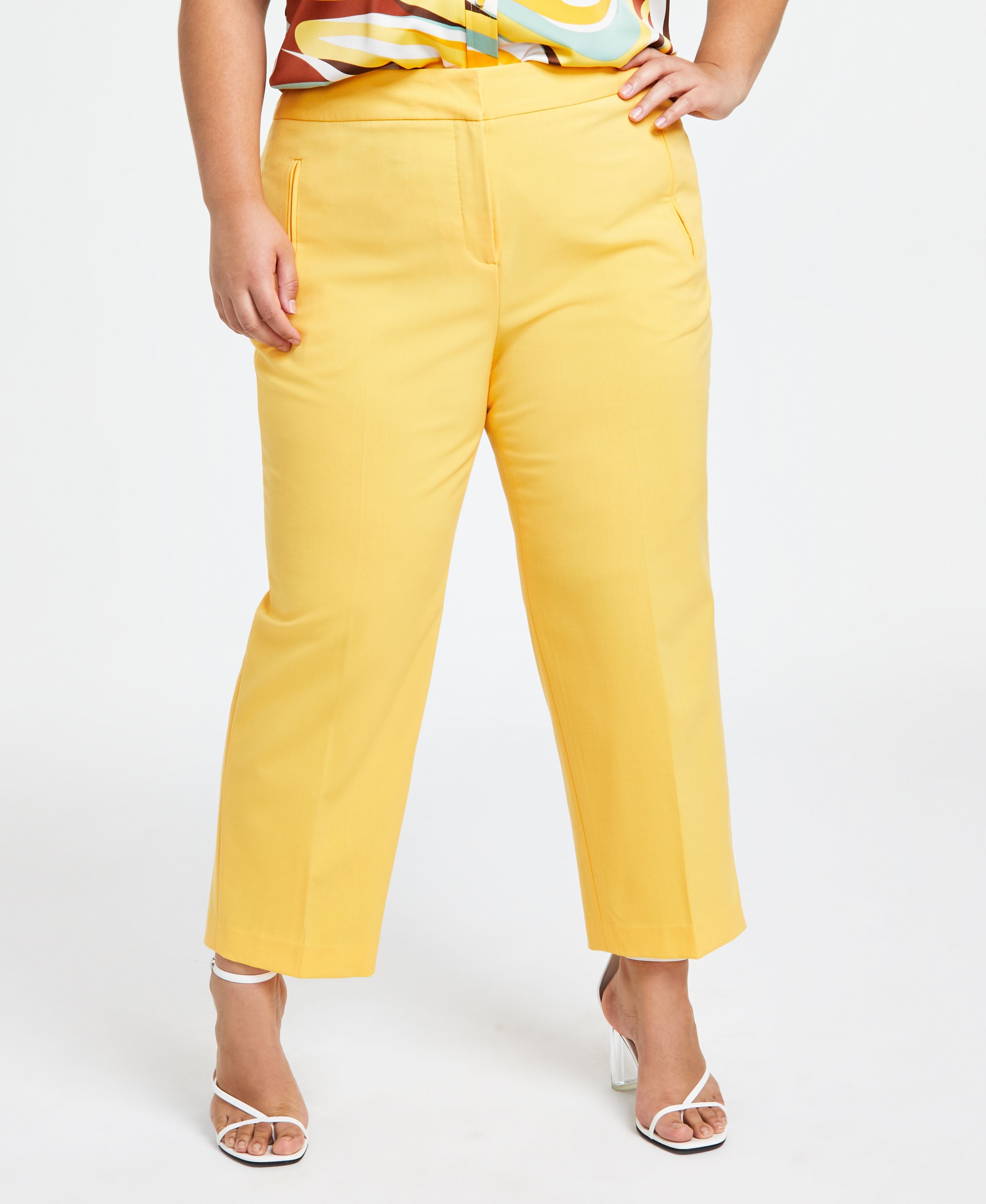 Plus Size Bi-Stretch One-Button Jacket, Swirl-Printed Sleeveless Button-Front Top & Bi-Stretch Straight-Leg Pants