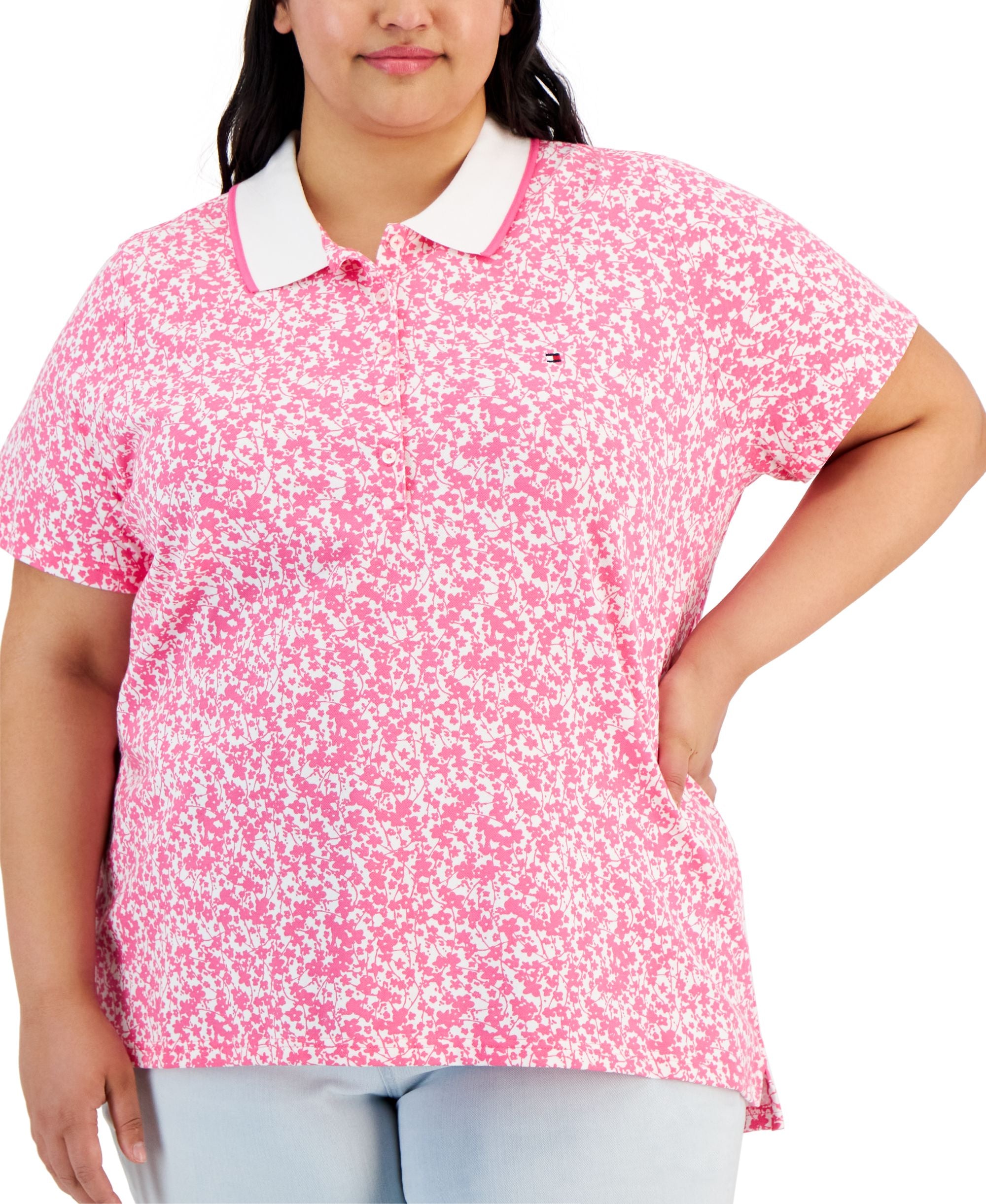 Plus Size Floral-Print Polo Top