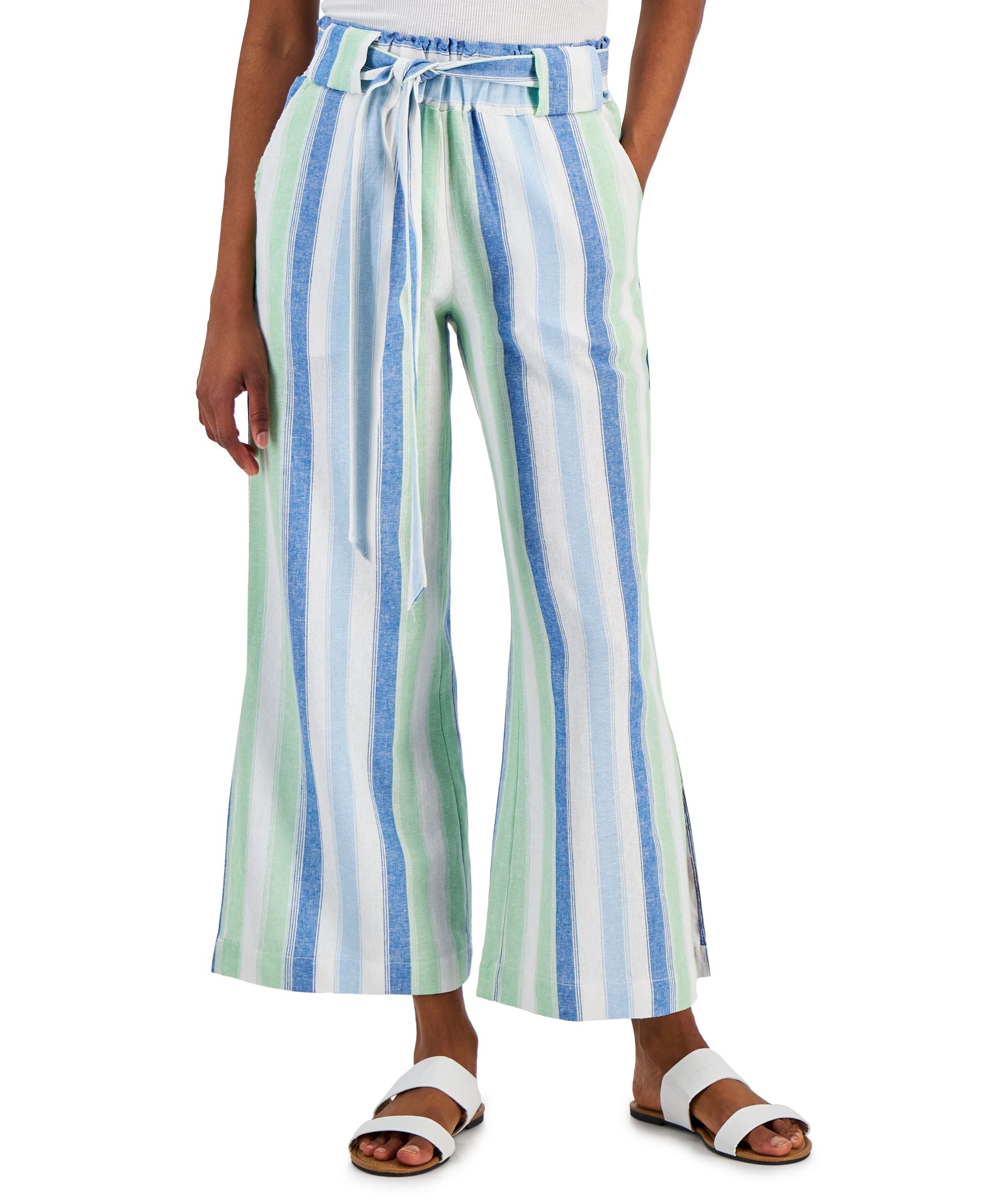 Juniors' Striped Linen Paperbag Wide-Leg Pants