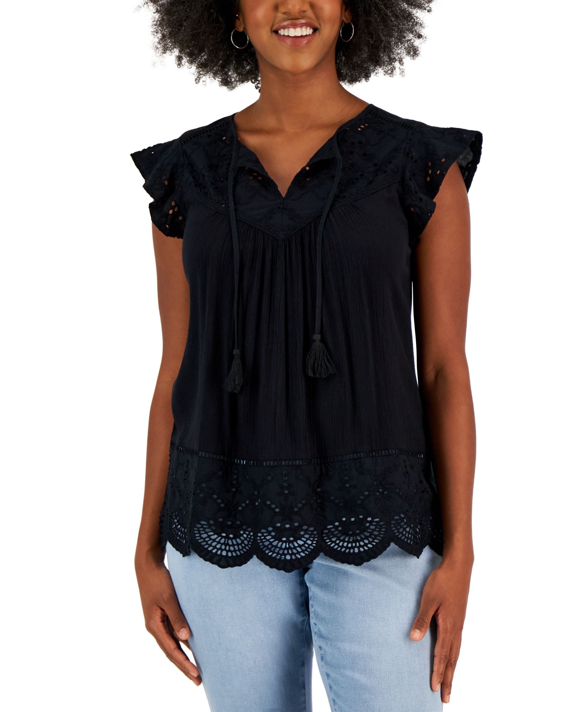 Petite Lace-Trim Mixed Media Top