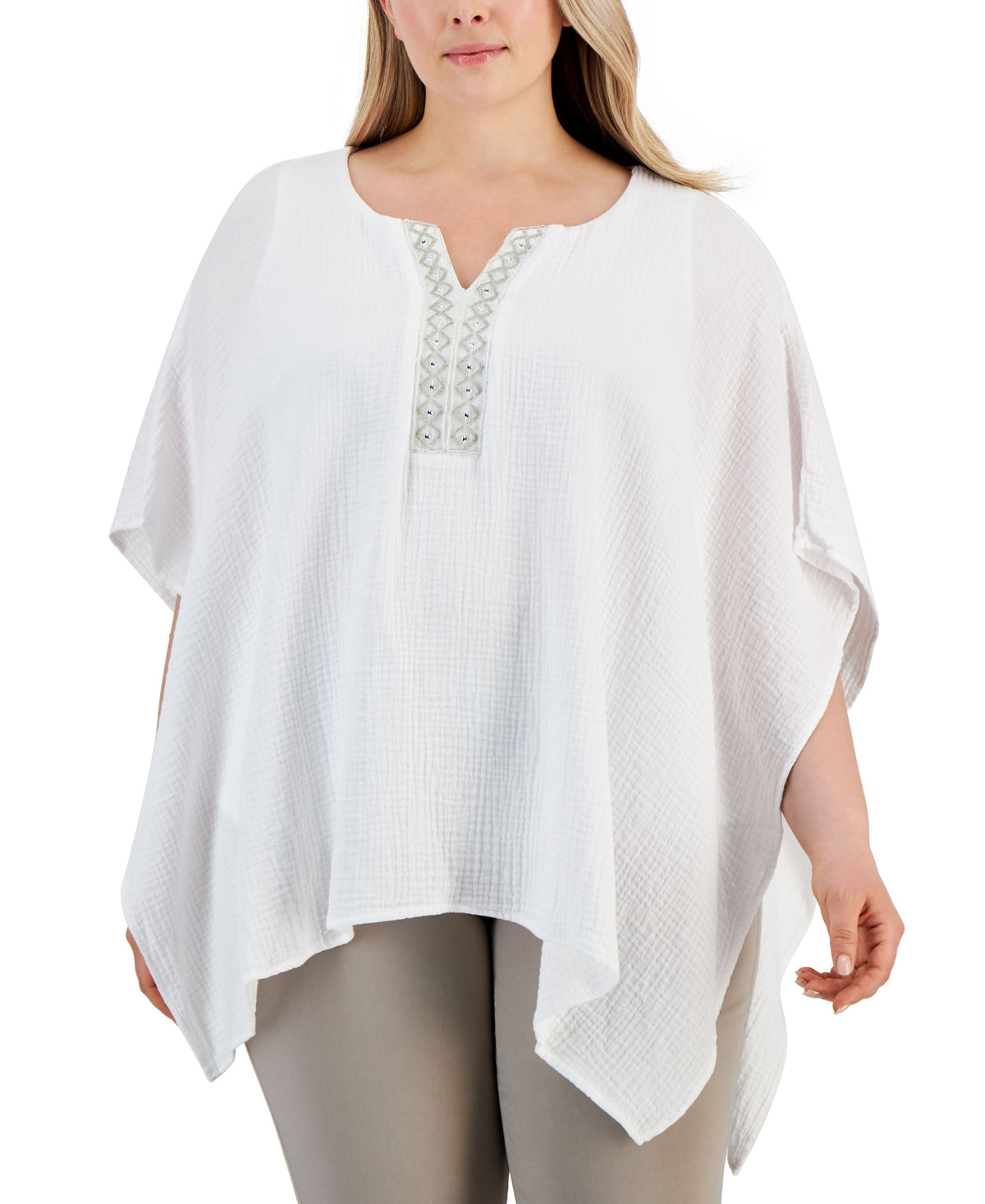 Plus Size Embellished Gauze Poncho Top