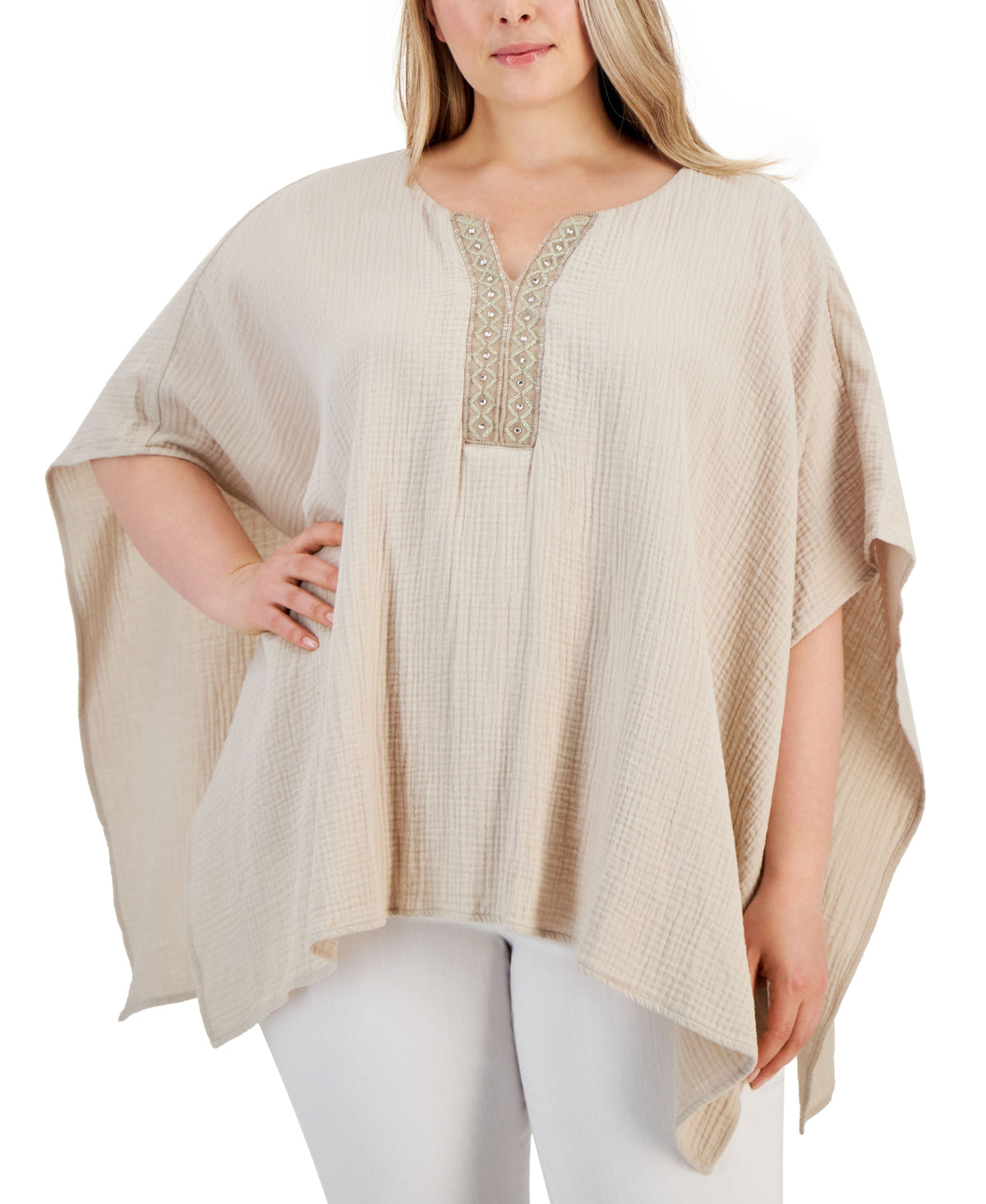 Plus Size Embellished Gauze Poncho Top