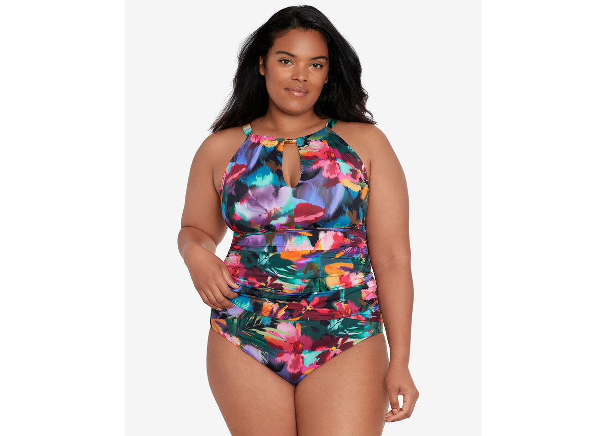 Plus Size Printed Keyhole Tankini Top