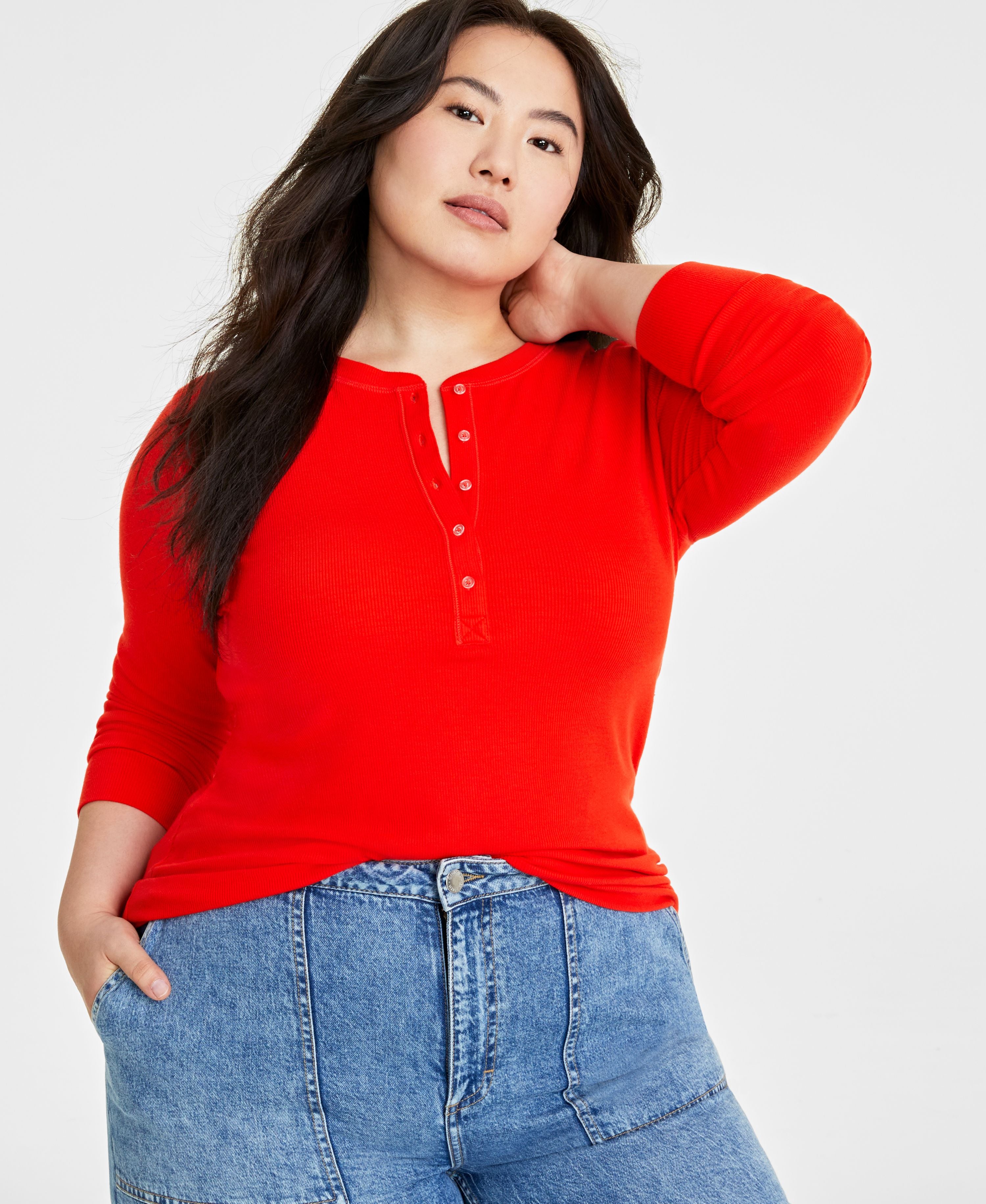 Plus Size Ribbed Long-Sleeve Henley Top