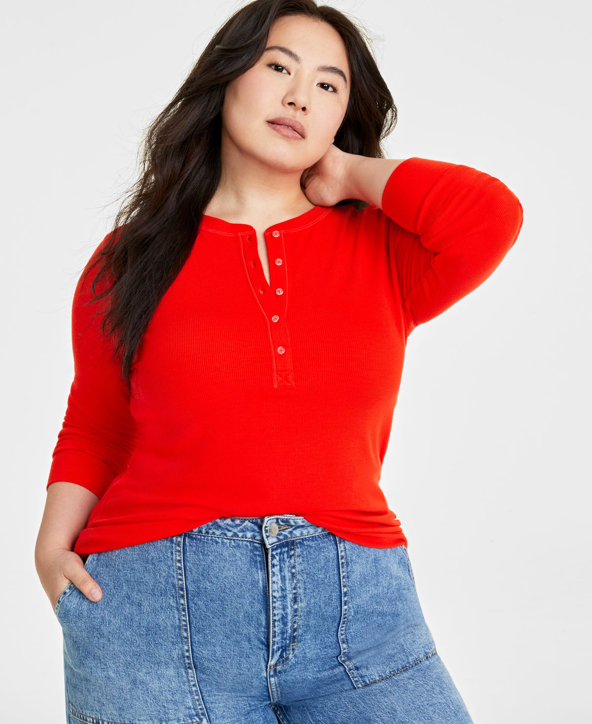 Plus Size Ribbed Long-Sleeve Henley Top