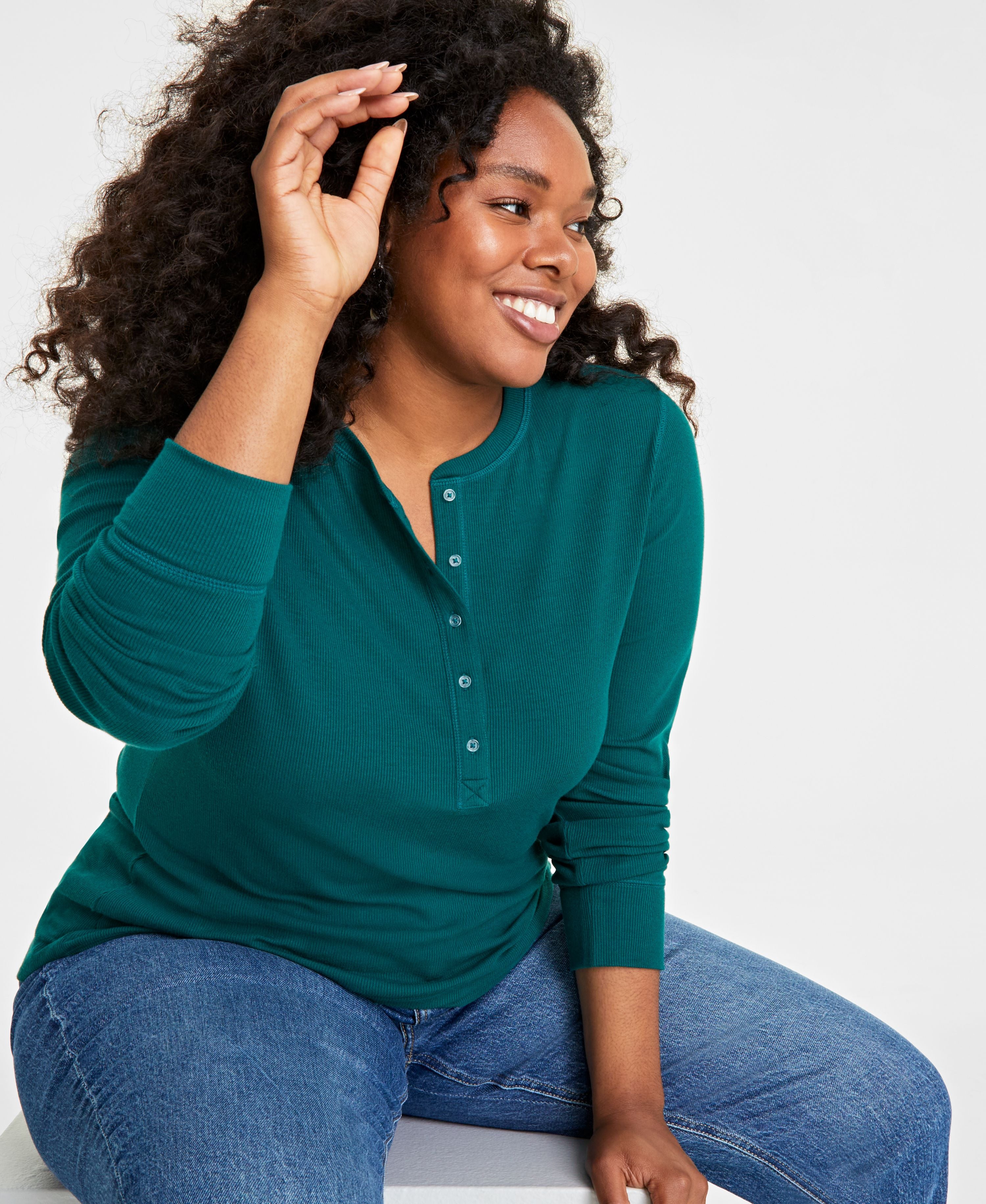 Plus Size Ribbed Long-Sleeve Henley Top