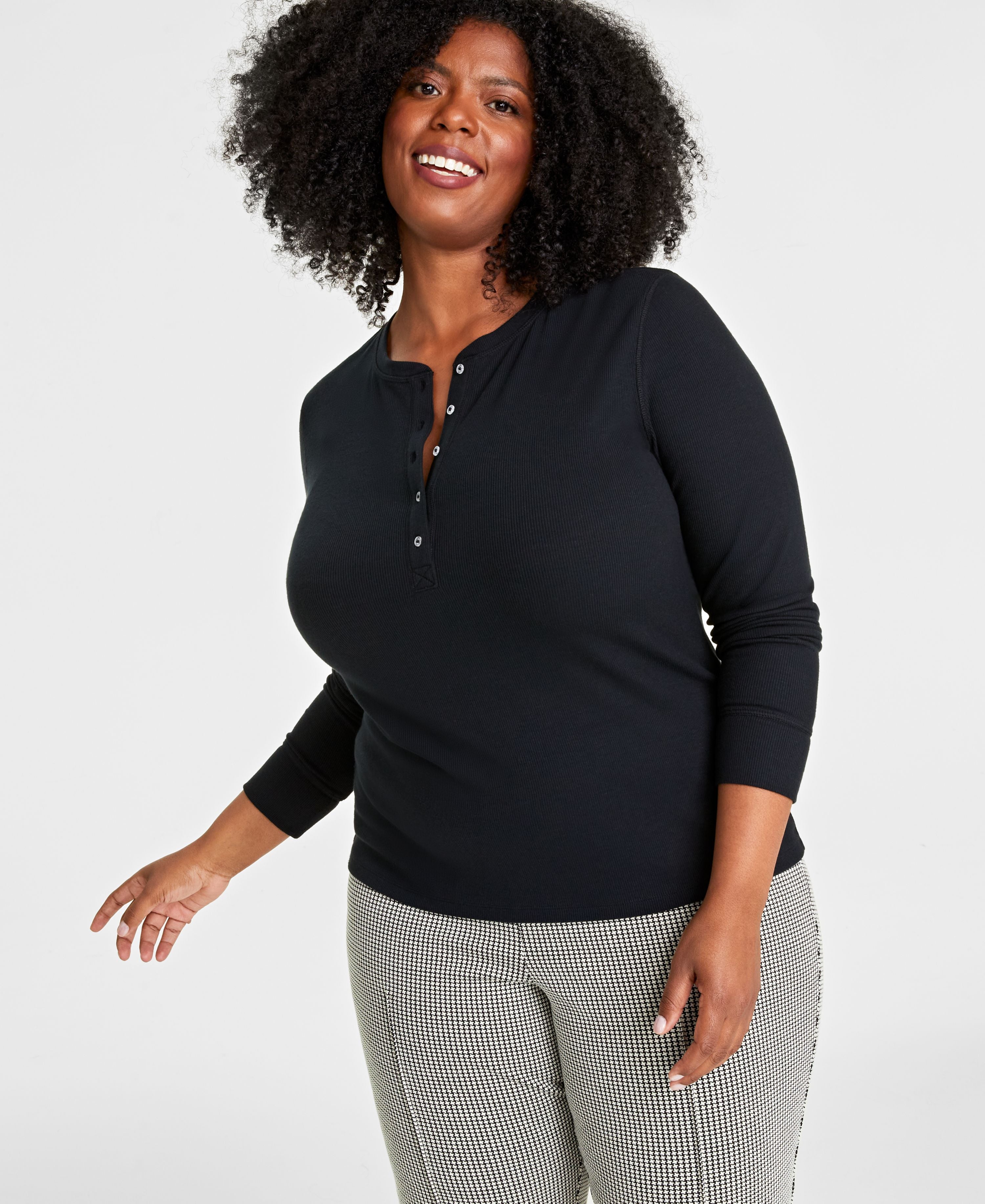 Plus Size Ribbed Long-Sleeve Henley Top