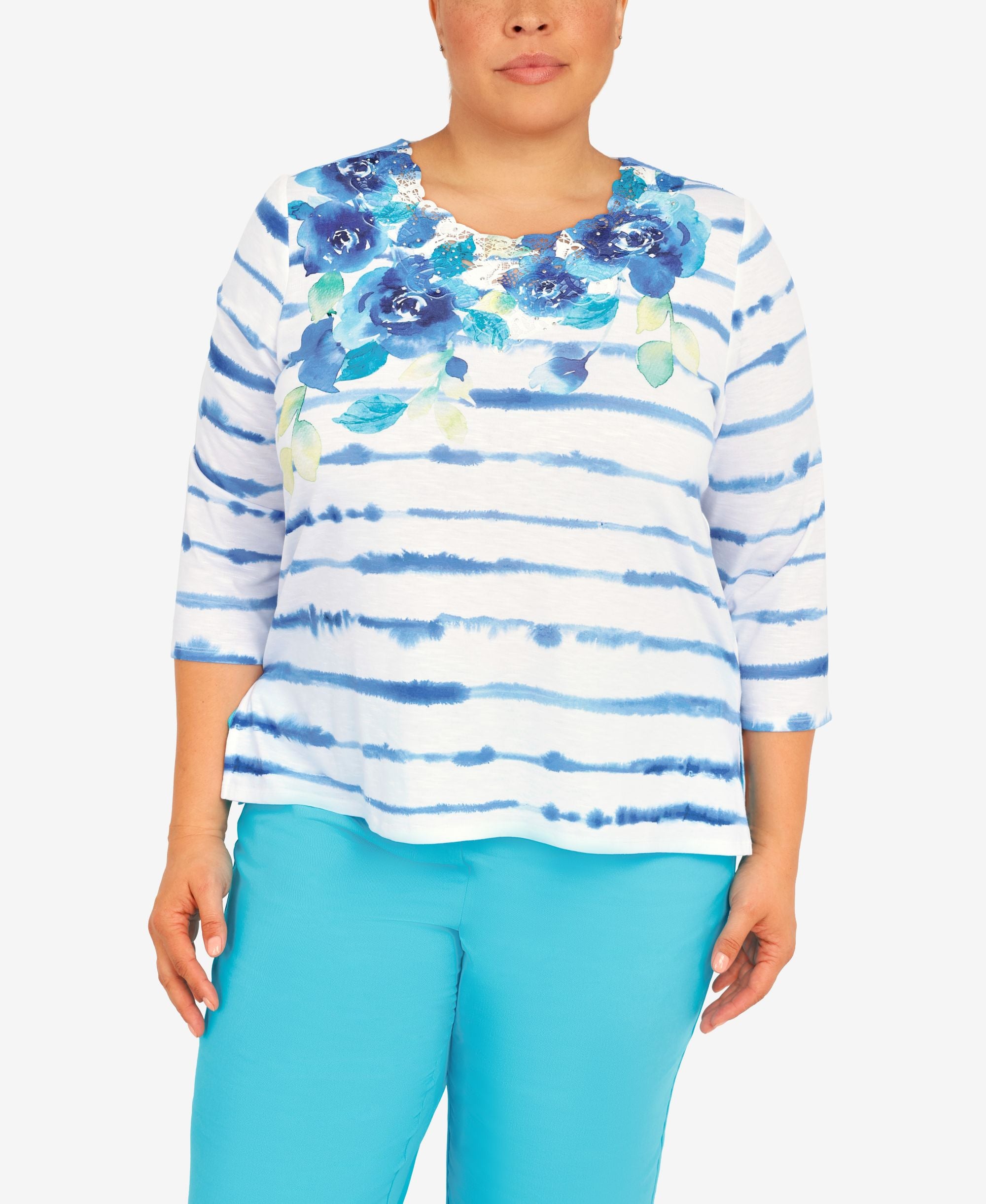 Plus Size Cool Vibrations Lace Neck Floral Stripe T-shirt