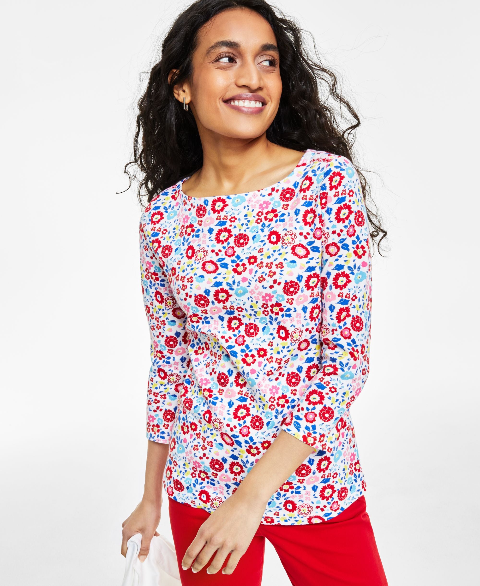 Petite Meredith Floral Boat-Neck 3/4-Sleeve Top