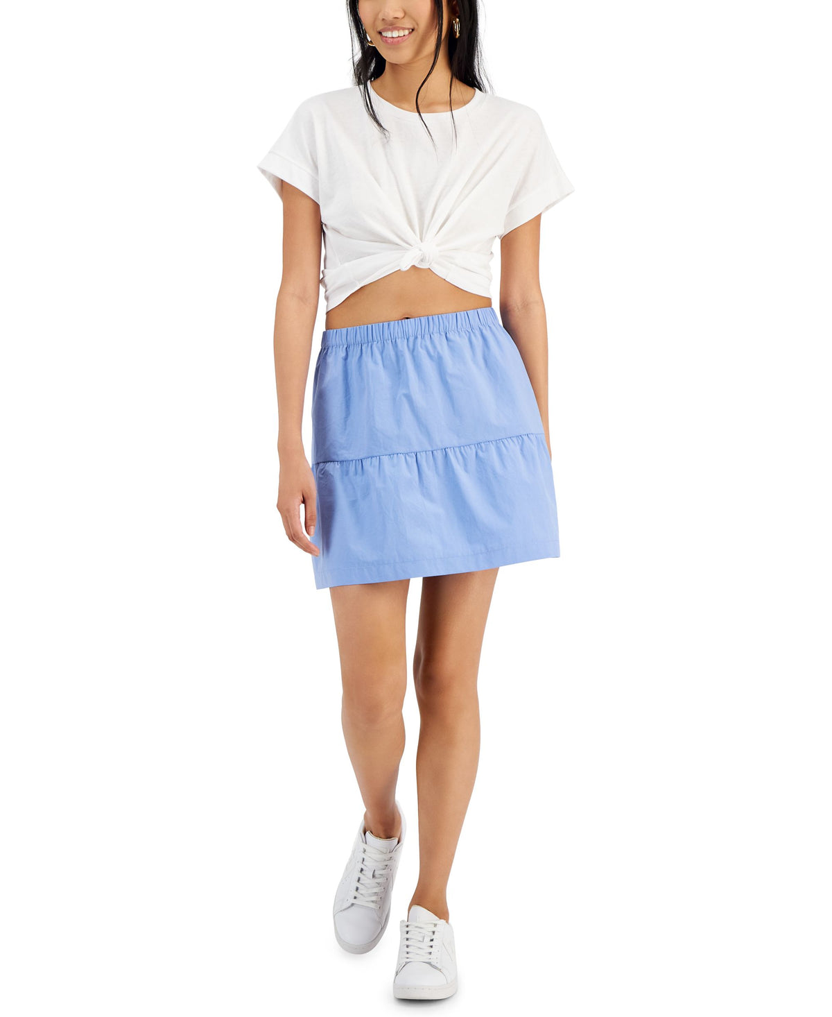 Juniors' Elasticized-Waist Poplin Tiered Mini Skirt