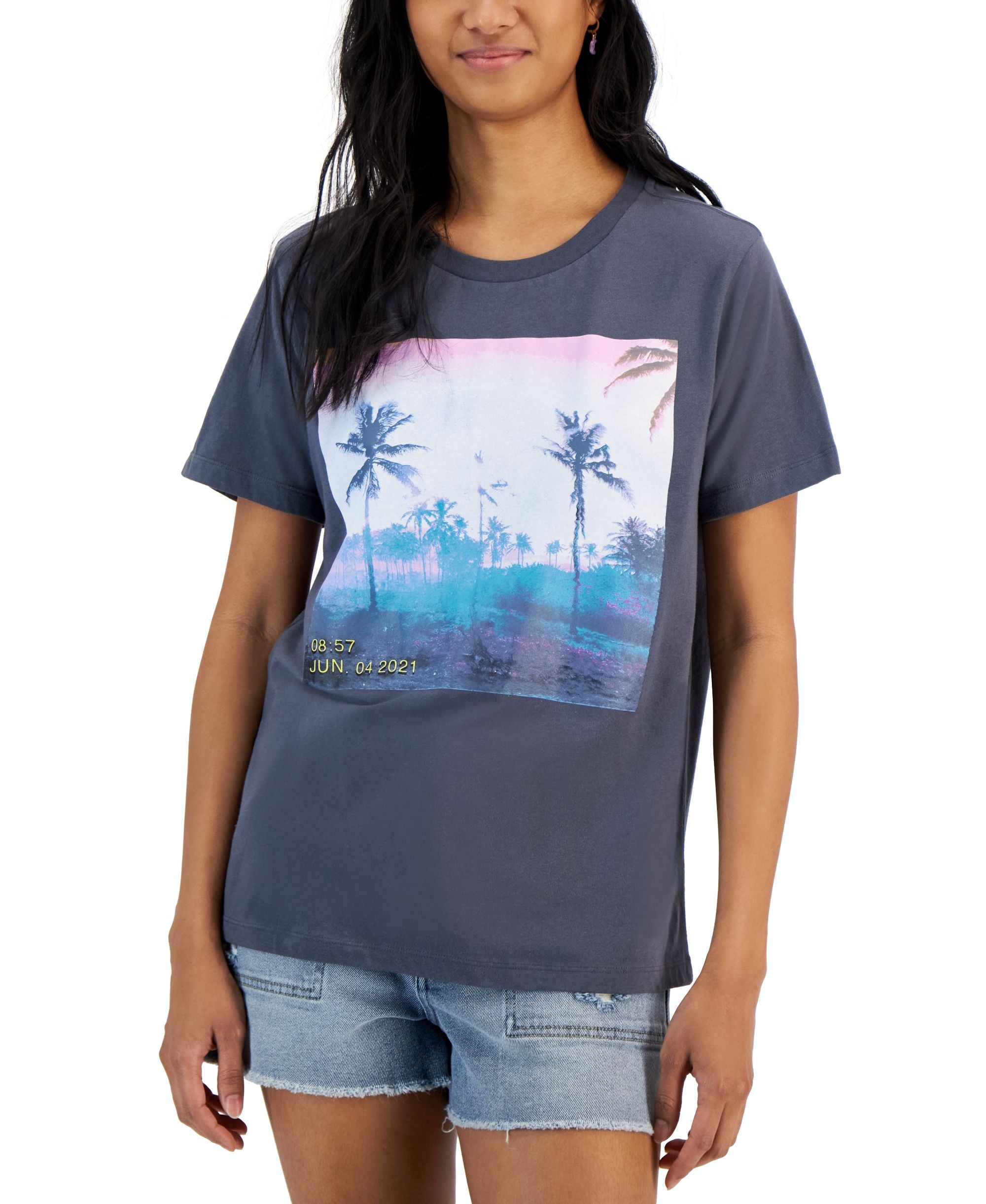 Juniors' Palm Tree Box Graphic T-Shirt