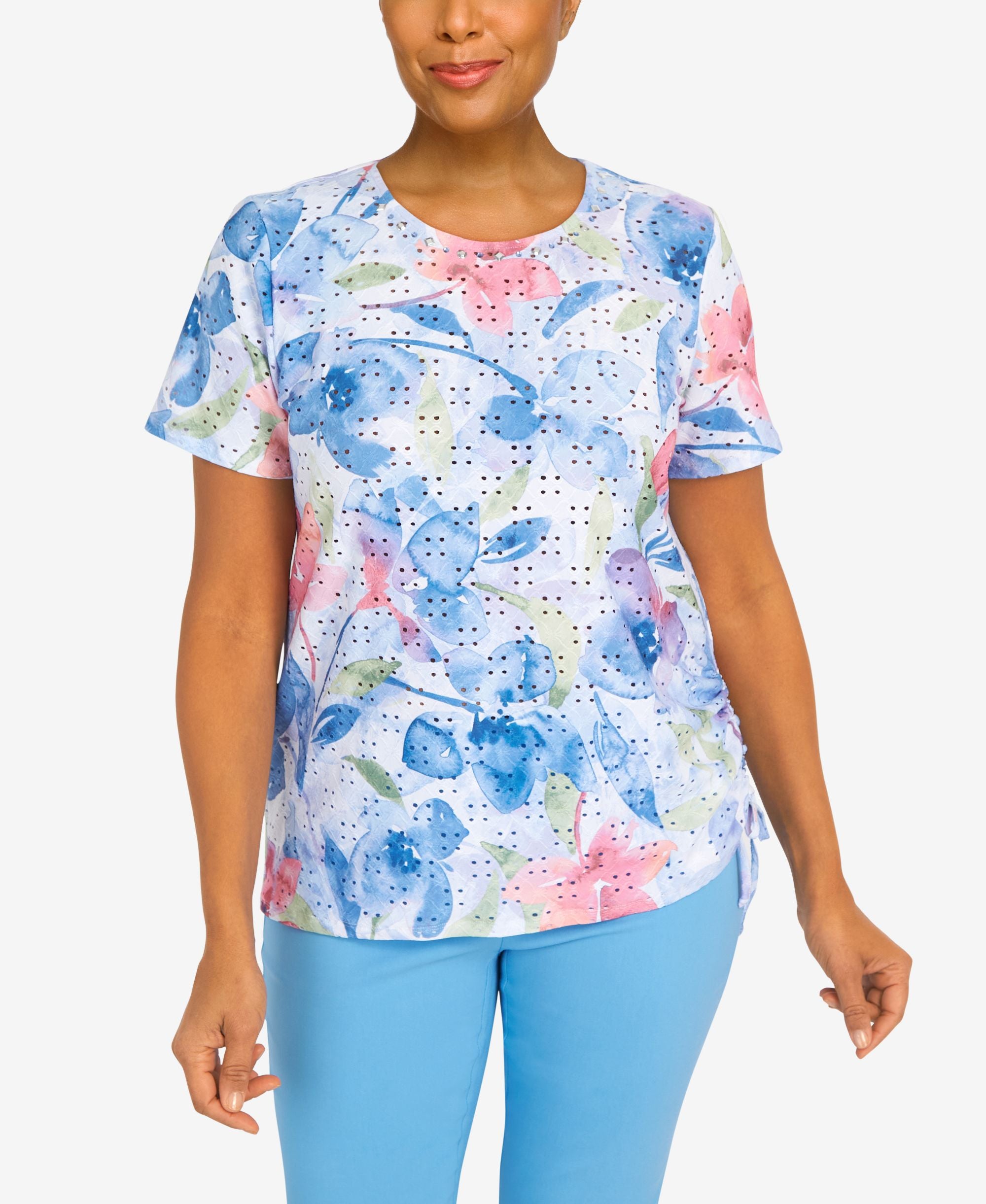 Women's Floral Watercolor Eyelet Top