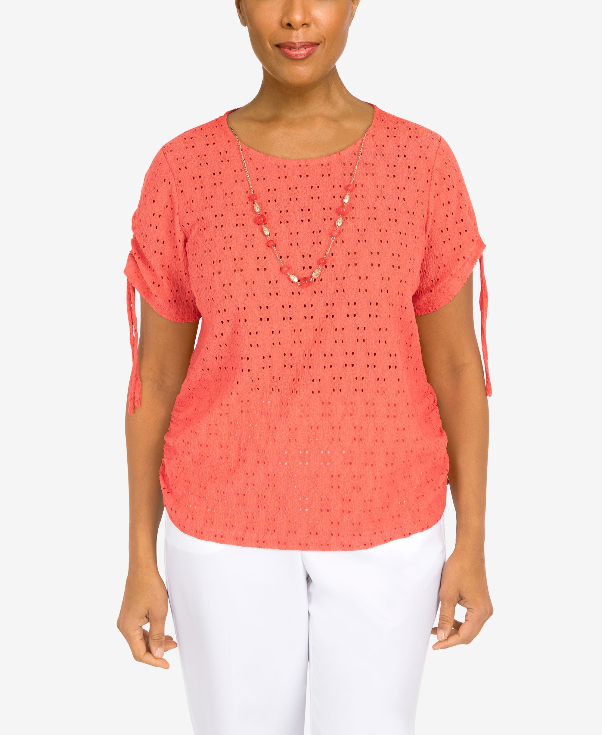 Women's Drawstring Eyelet Short Sleeve Top