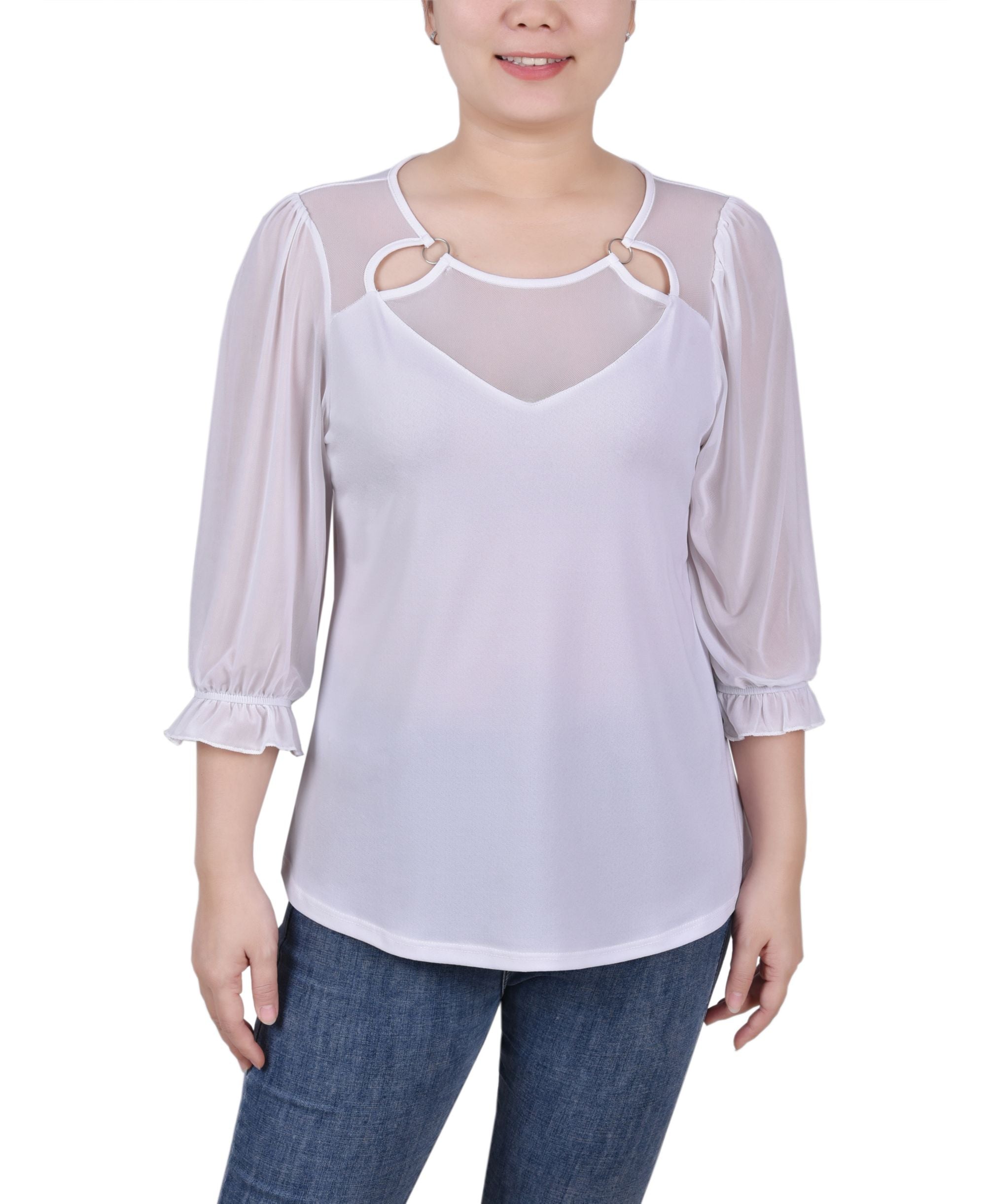 Petite 3/4 Sleeve Ringed Mesh Top