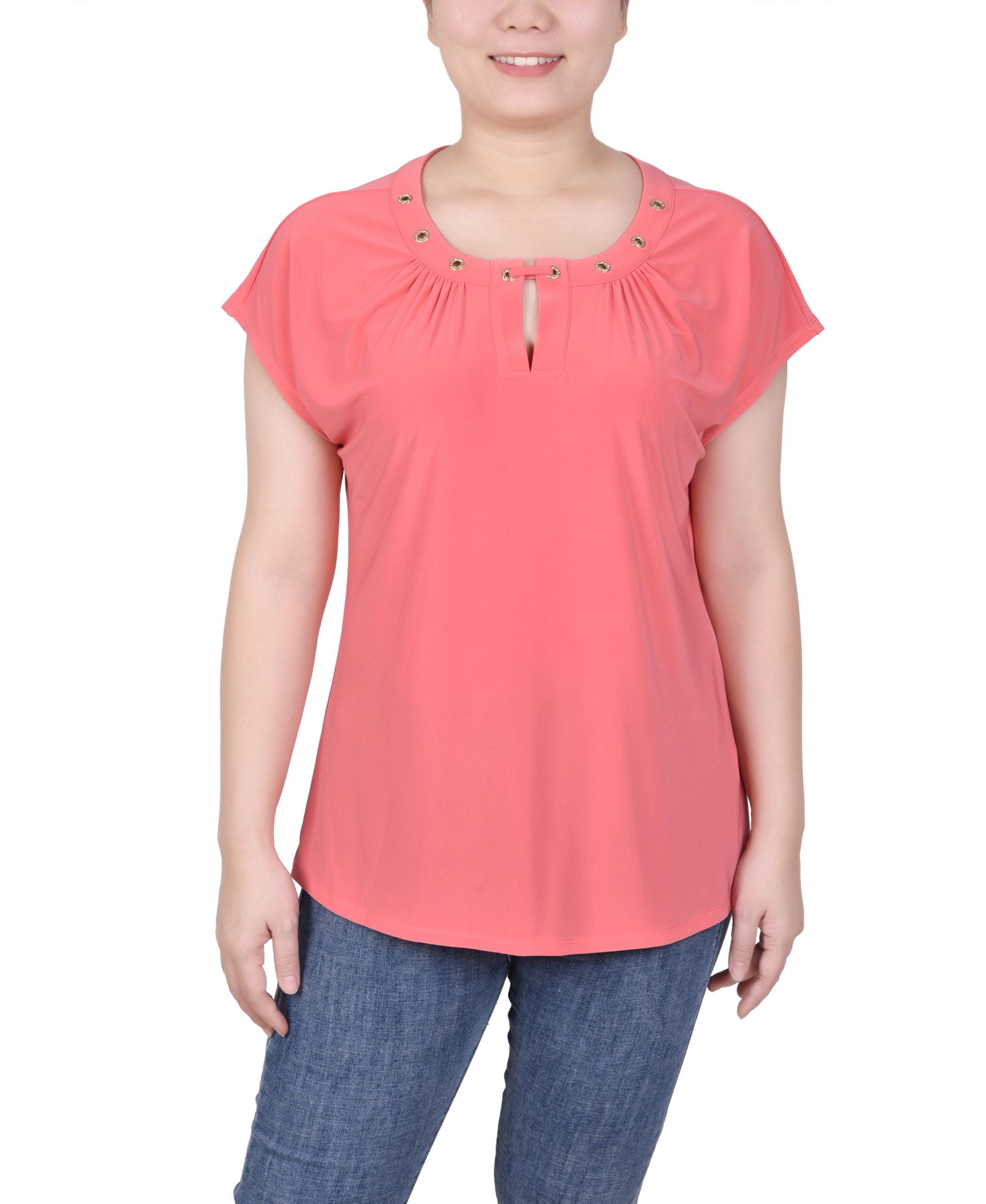Petite Grommet Neck Knit Short Extended Sleeve Top