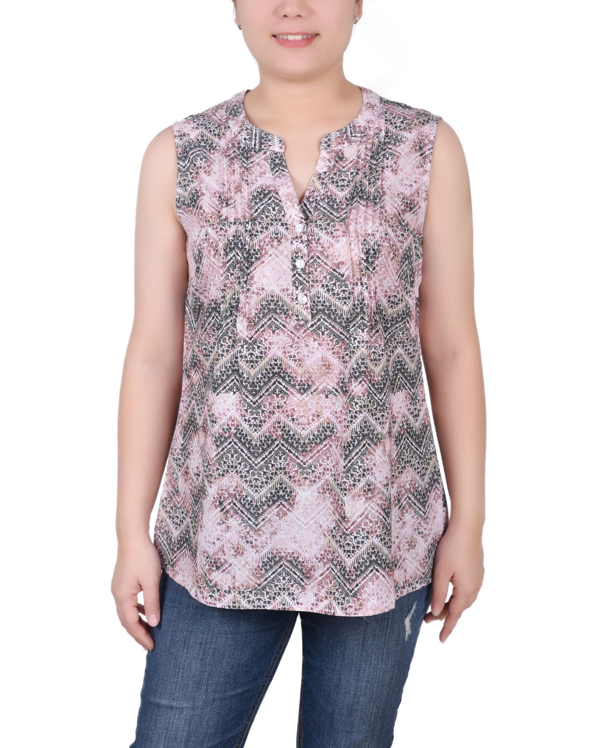 Petite Sleeveless Printed Pintucked Blouse