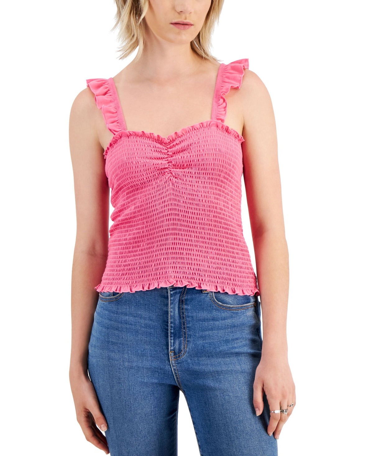 Juniors' Flutter-Strap Smocked Cinch-Neck Tank Top