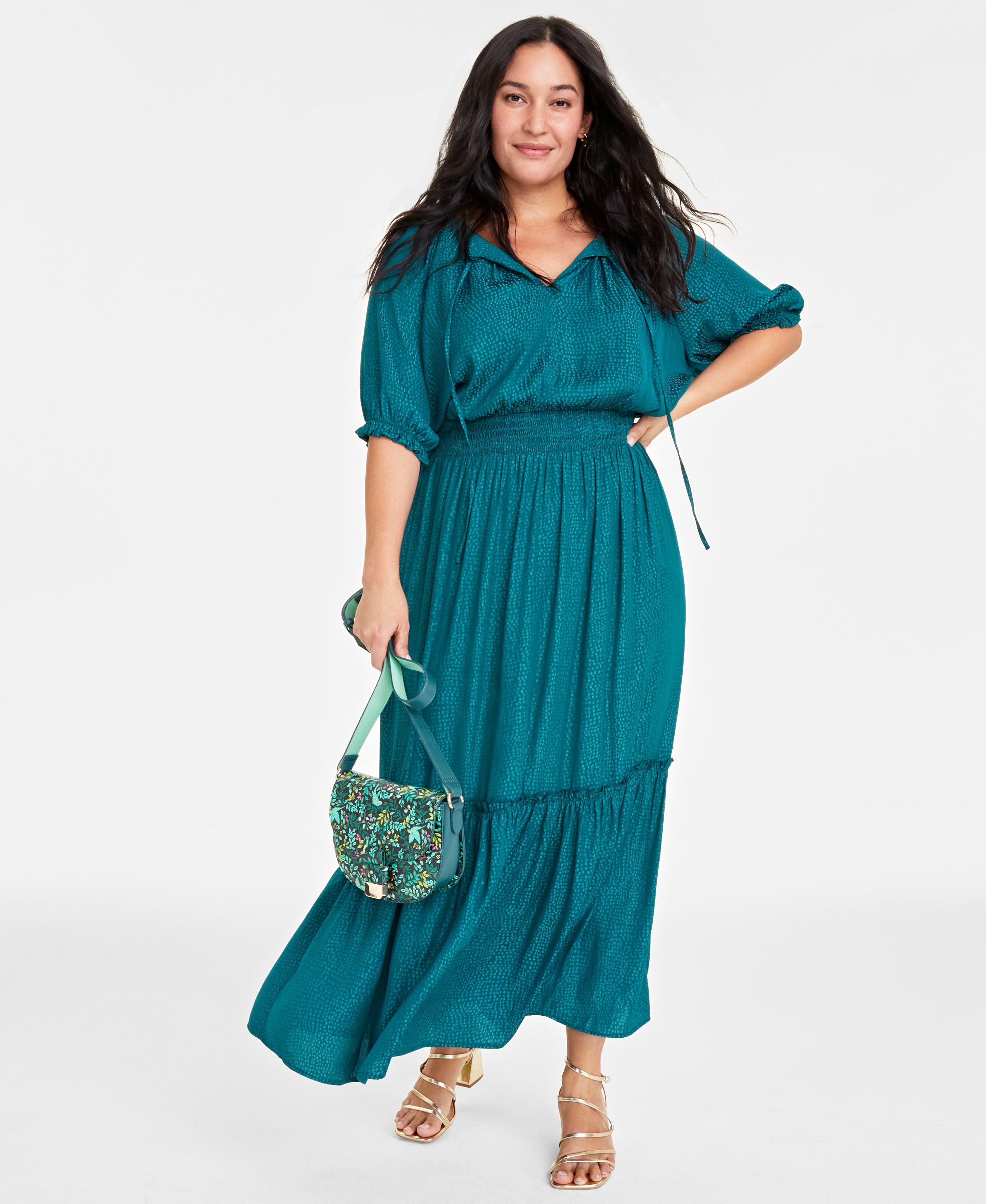 Plus Size Elbow-Sleeve Tiered Maxi Dress