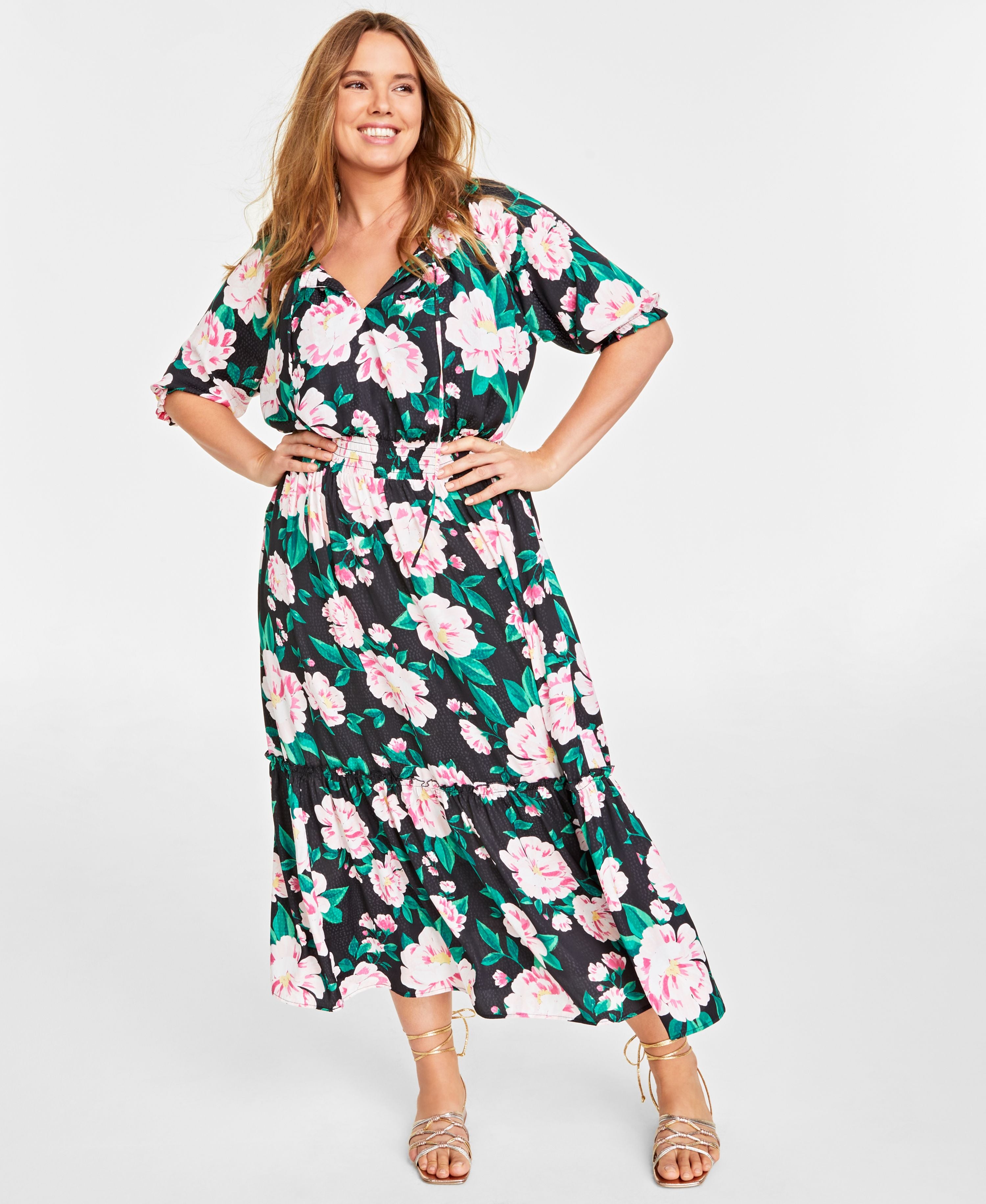Plus Size Elbow-Sleeve Tiered Maxi Dress