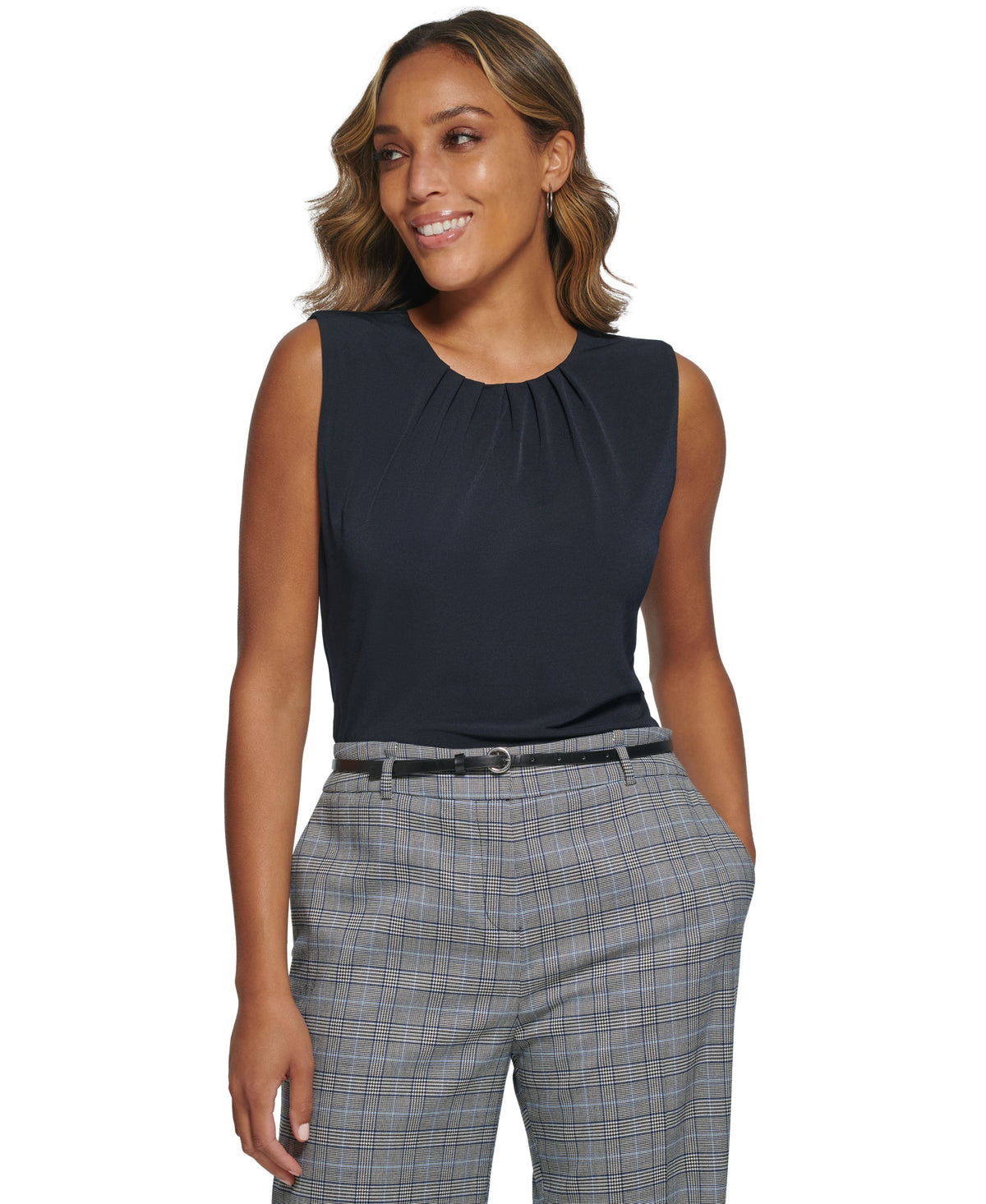Sleeveless Pleated Crewneck Top