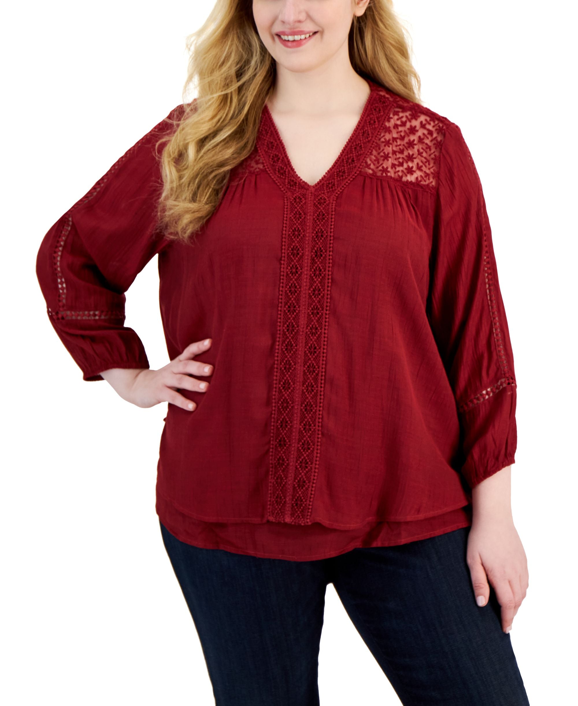 Plus Size Lace-Trim Long-Sleeve Top