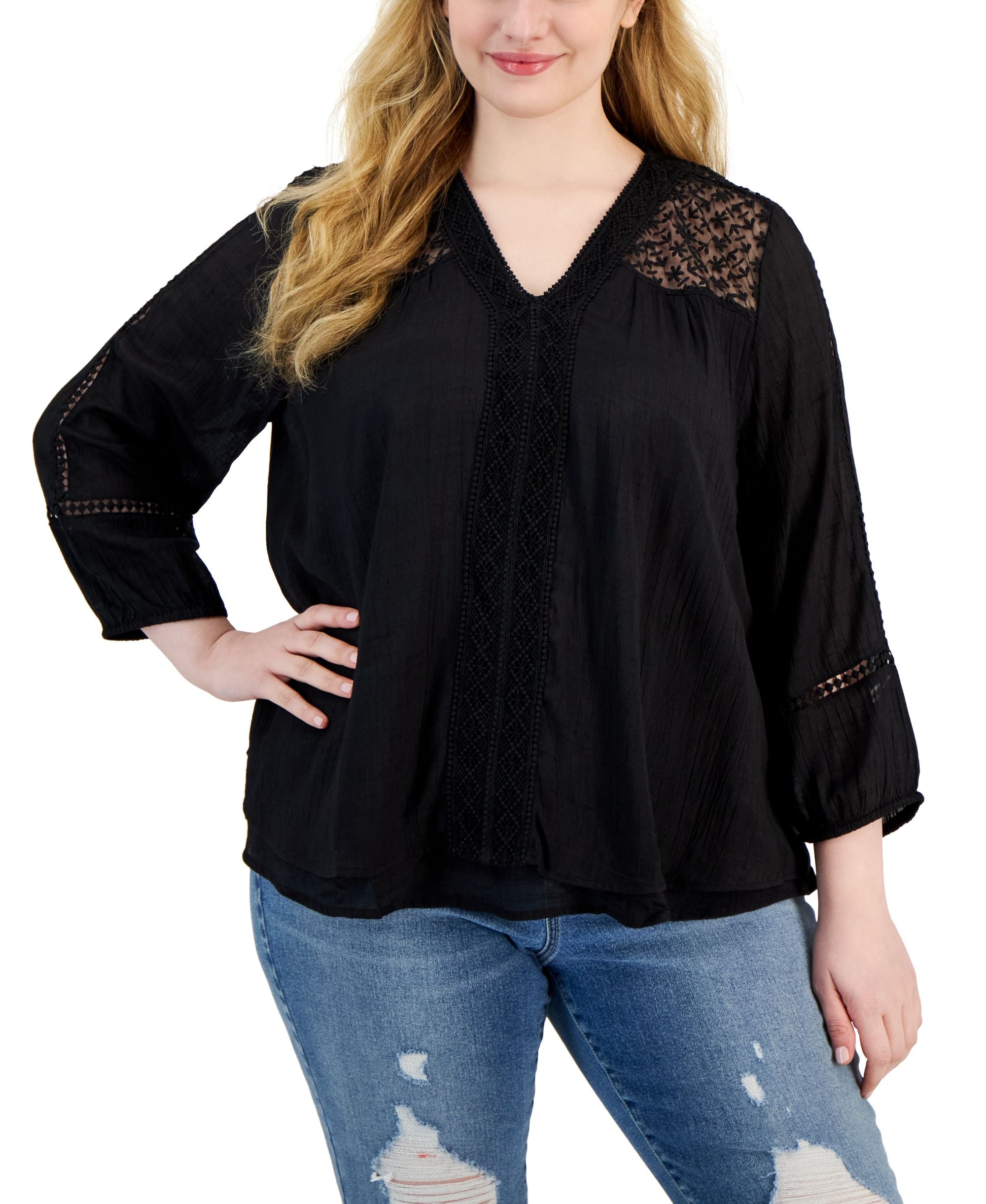 Plus Size Lace-Trim Long-Sleeve Top
