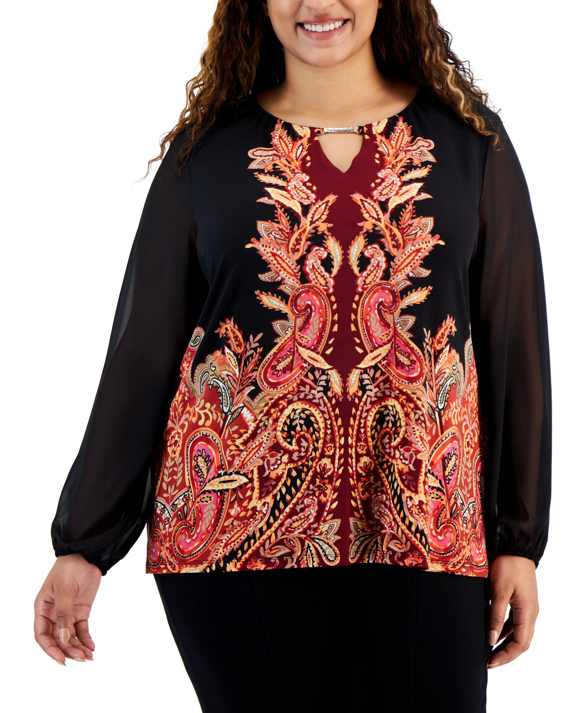 Plus Size Printed Chiffon-Sleeve Embellished-Neck Top