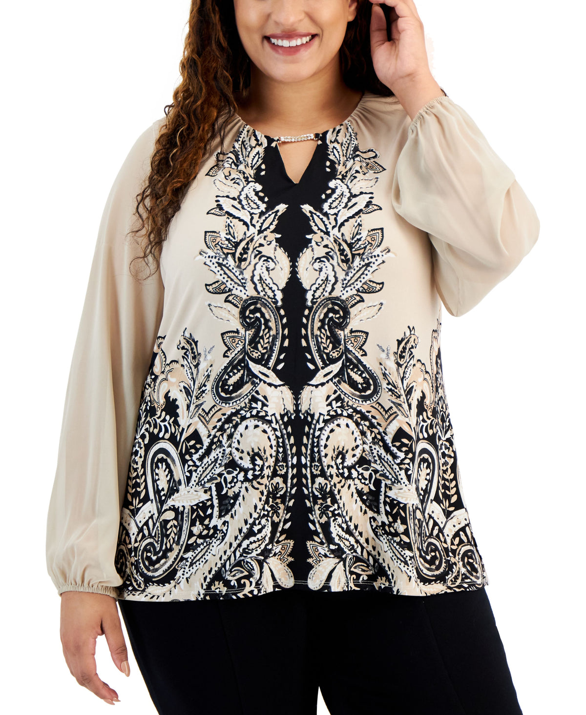 Plus Size Printed Chiffon-Sleeve Embellished-Neck Top