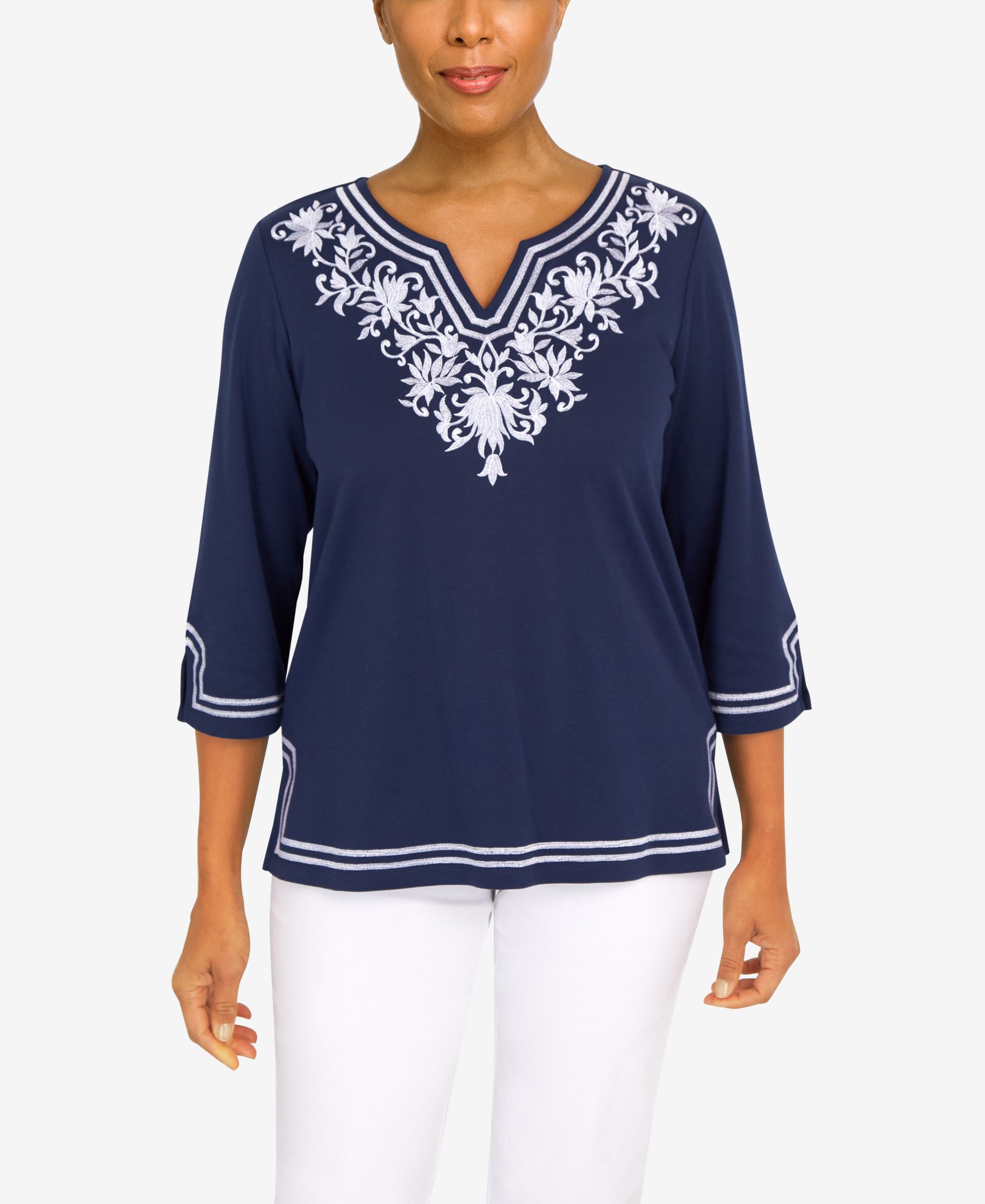 Petite Embroidered Scroll Yoke Top