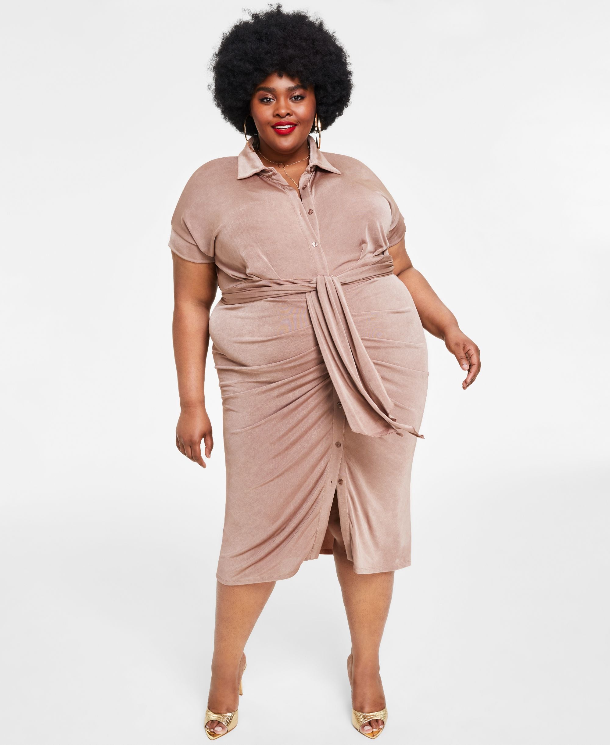 Trendy Plus Size Tie-Front Ruched Shirtdress