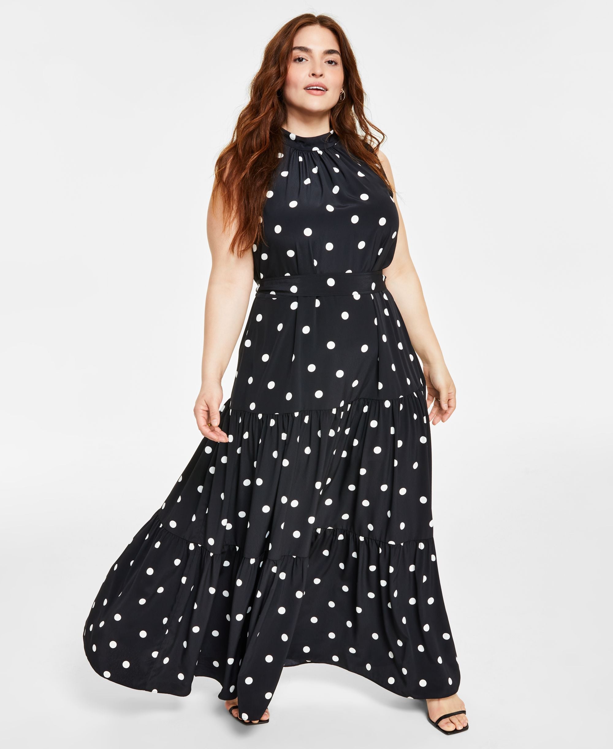 Plus Size Printed Tiered Tie Neck Maxi Dress