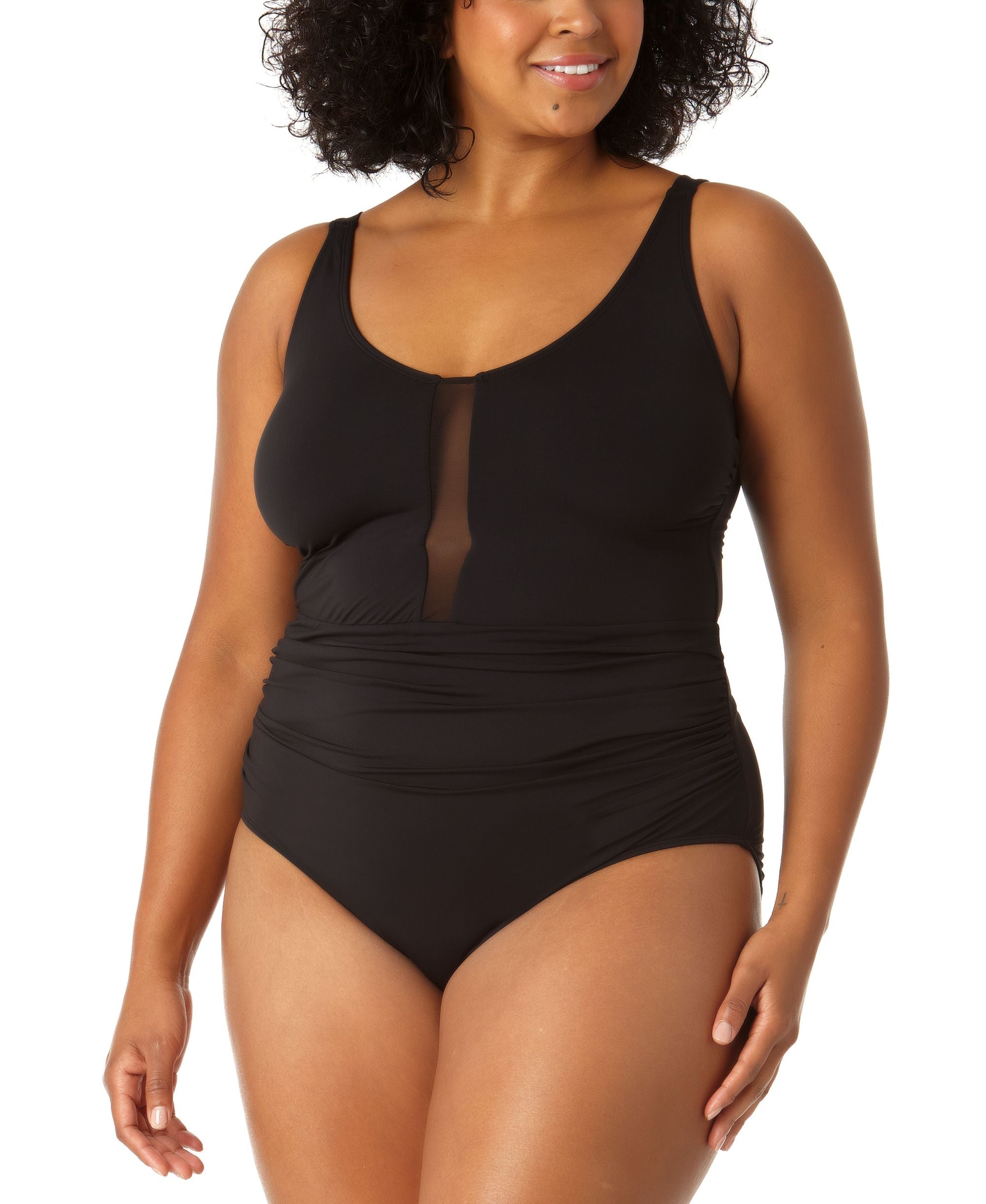 Plus Size Mesh-Inset Plunge One-Piece Swimsuit