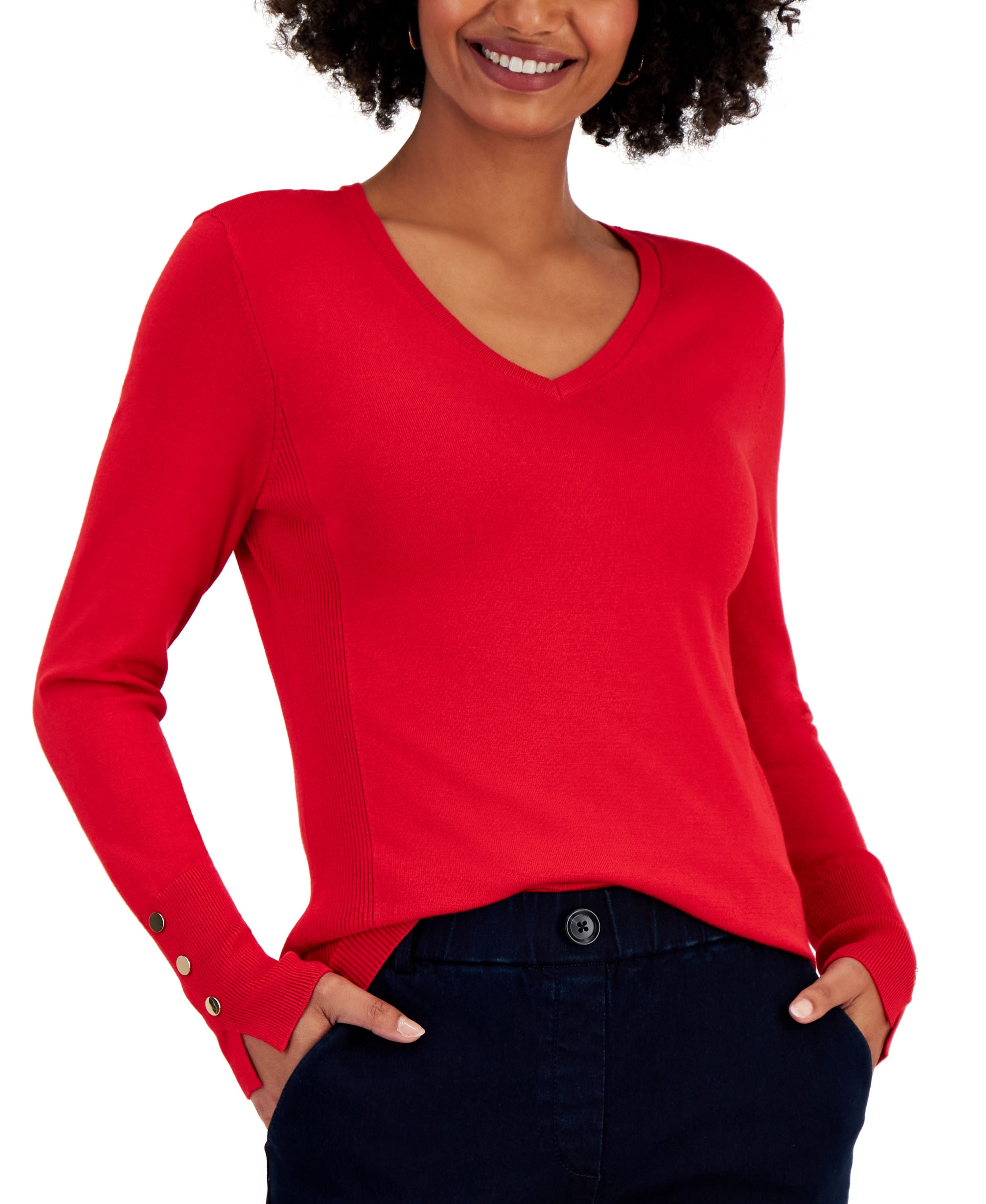 Petite Rivet-Detail V-Neck Sweater