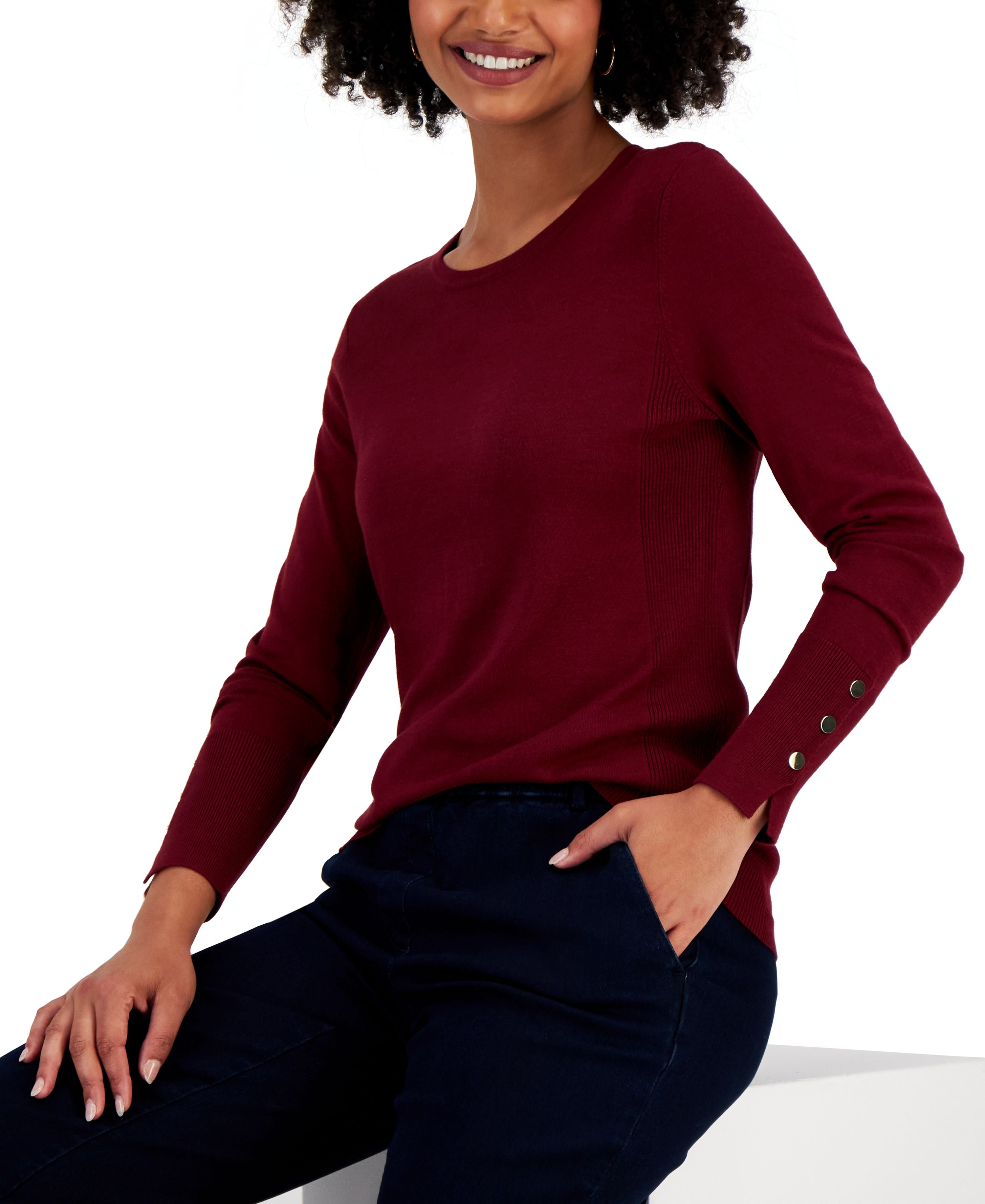 Women's Button-Sleeve Crewneck Sweater