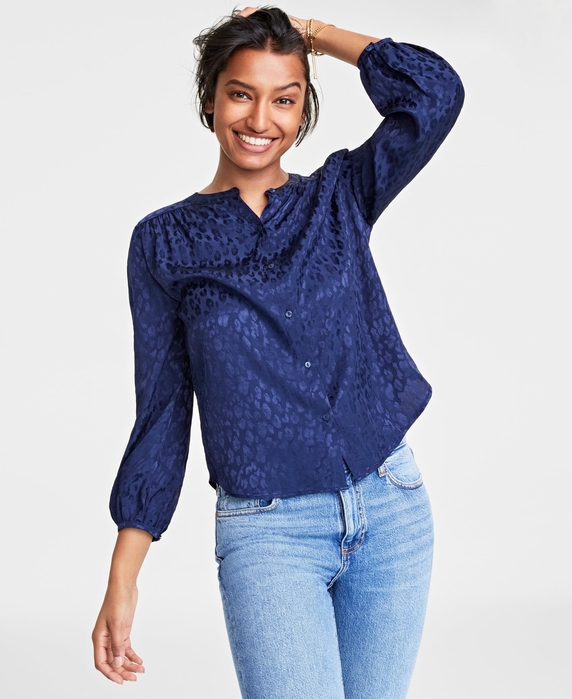 Women's Button-Front Jacquard Shirt Intrepid Blue L