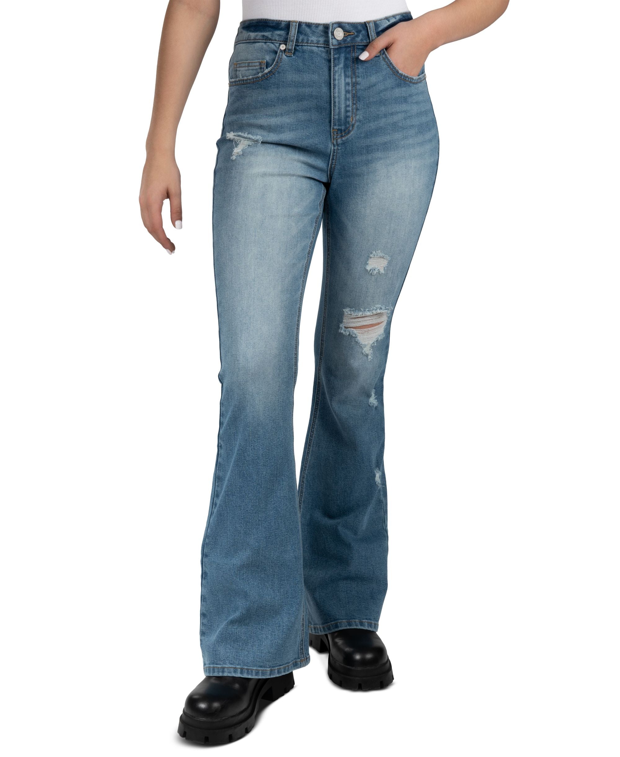 Juniors' High-Rise Ripped Flare Ankle Jeans