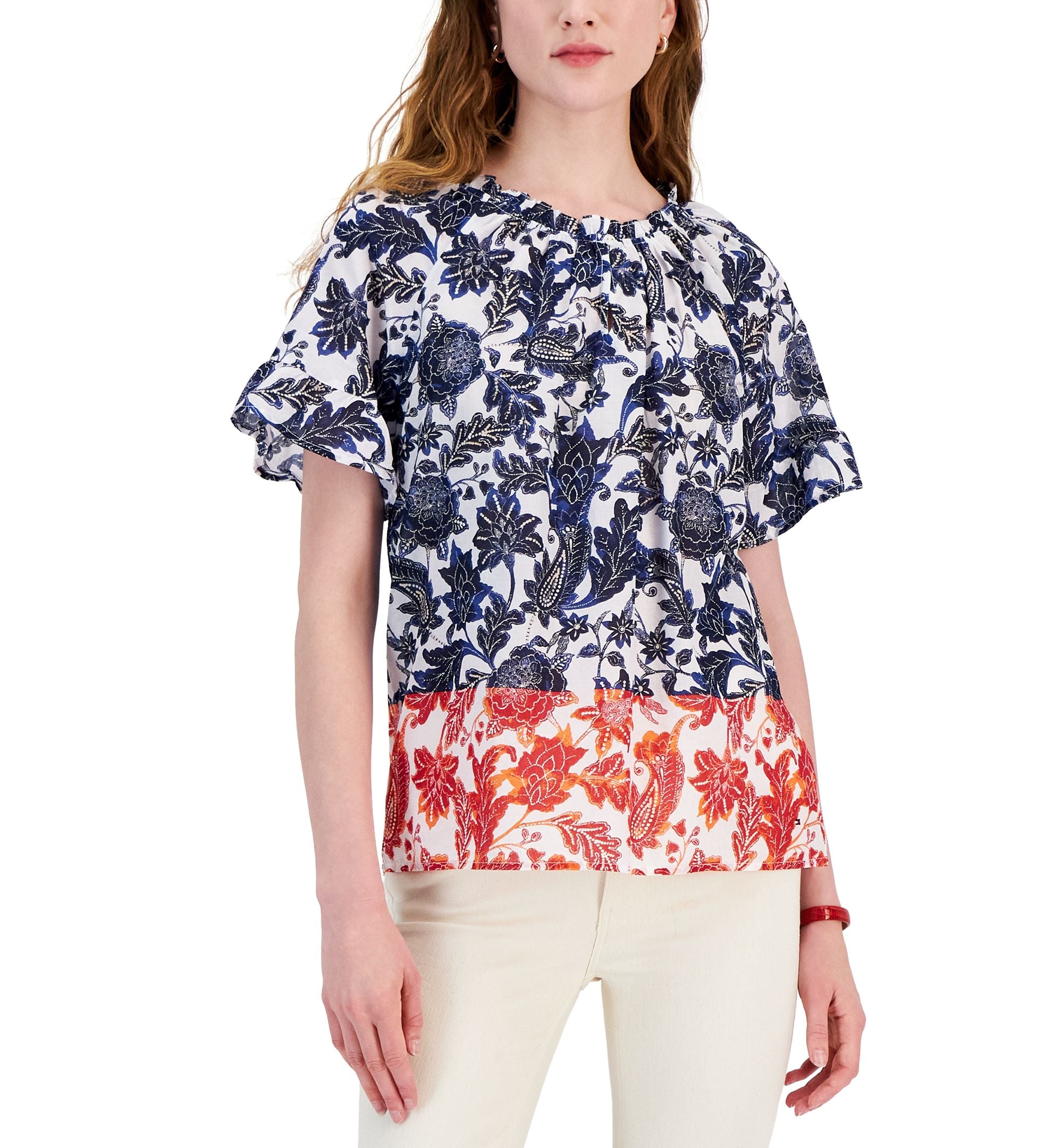 Women's Cotton Batik Printed Colorblocked Top