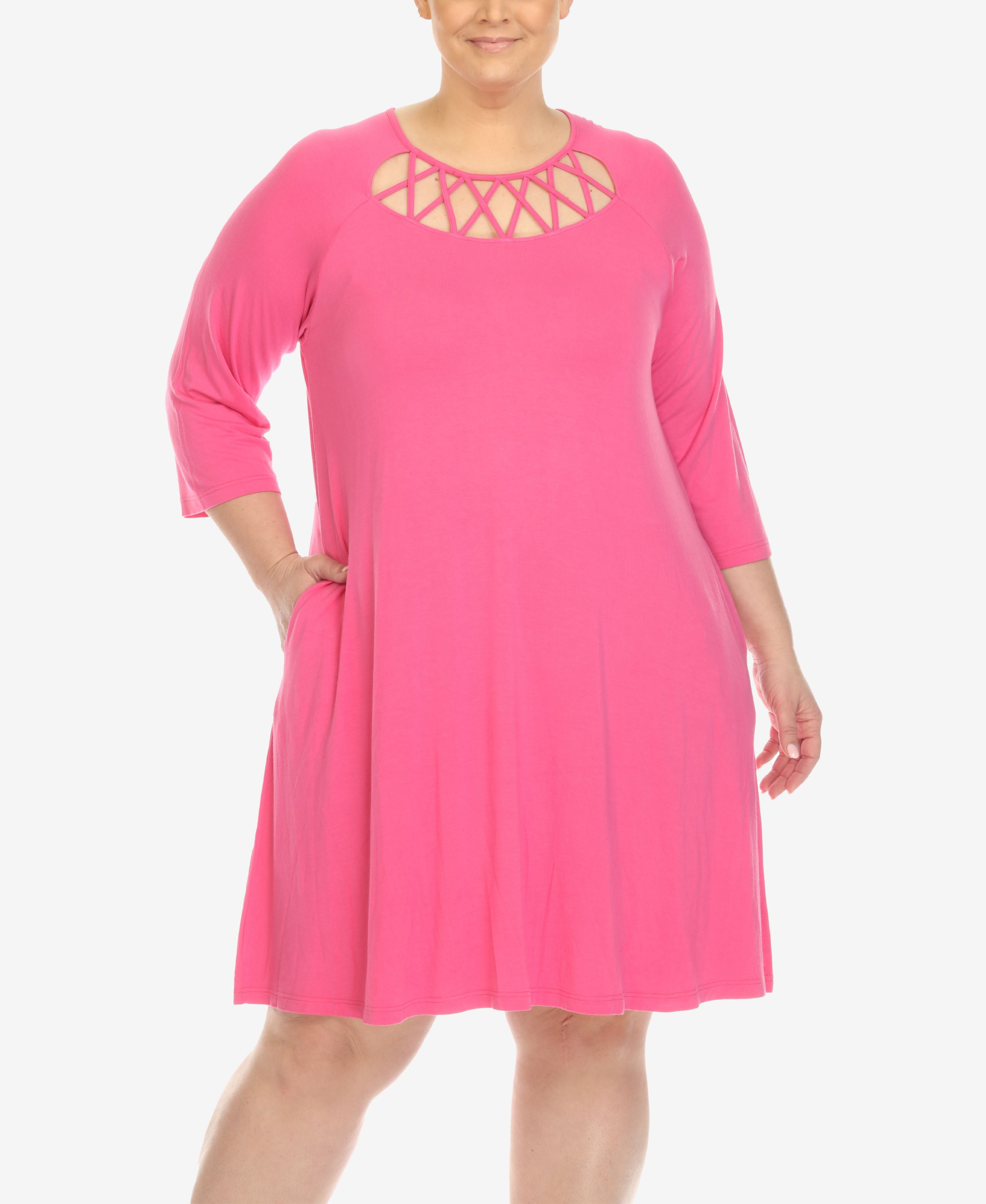 Plus Size Criss Cross Neckline 3/4 Sleeve Swing Dress