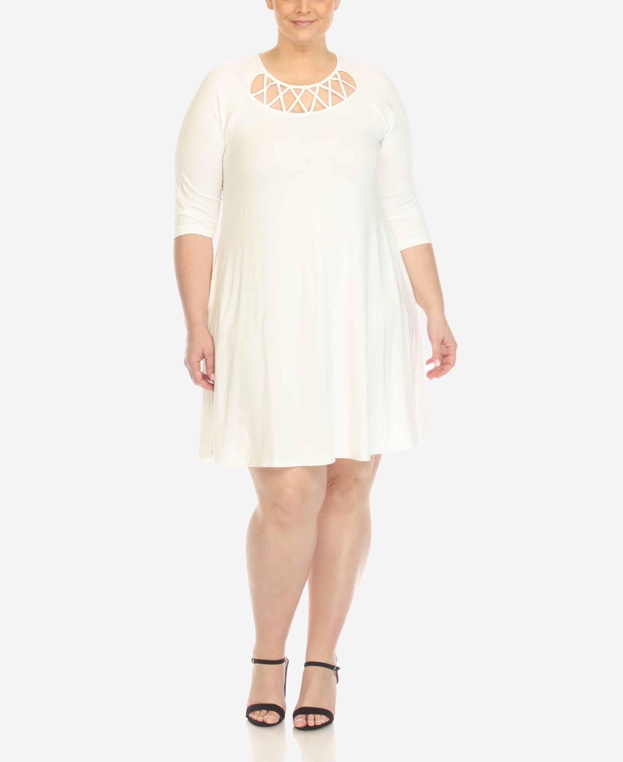 Plus Size Criss Cross Neckline 3/4 Sleeve Swing Dress