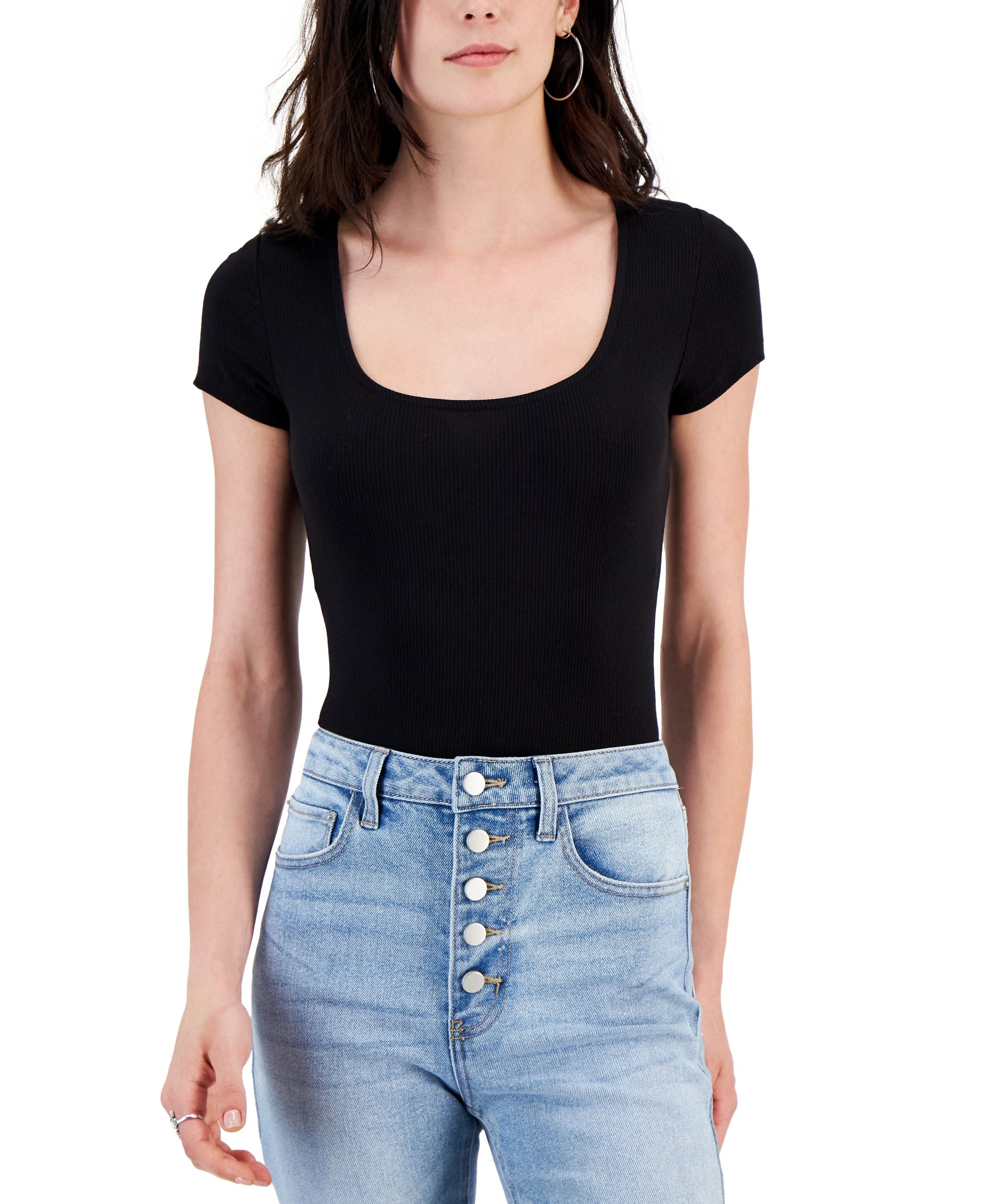 Juniors' Short-Sleeved Square-Neck Ribbed Bodysuit