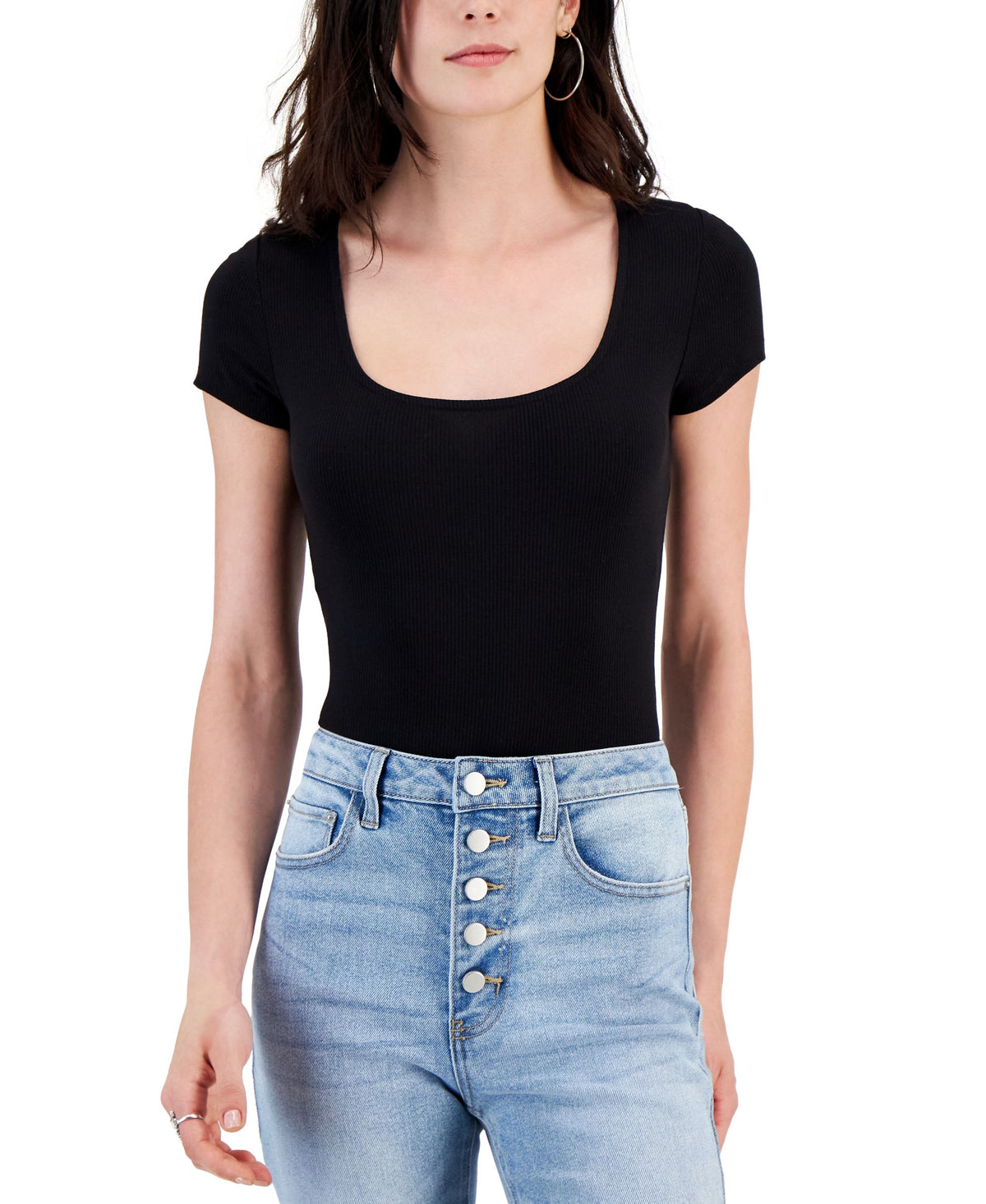Juniors' Short-Sleeved Square-Neck Ribbed Bodysuit
