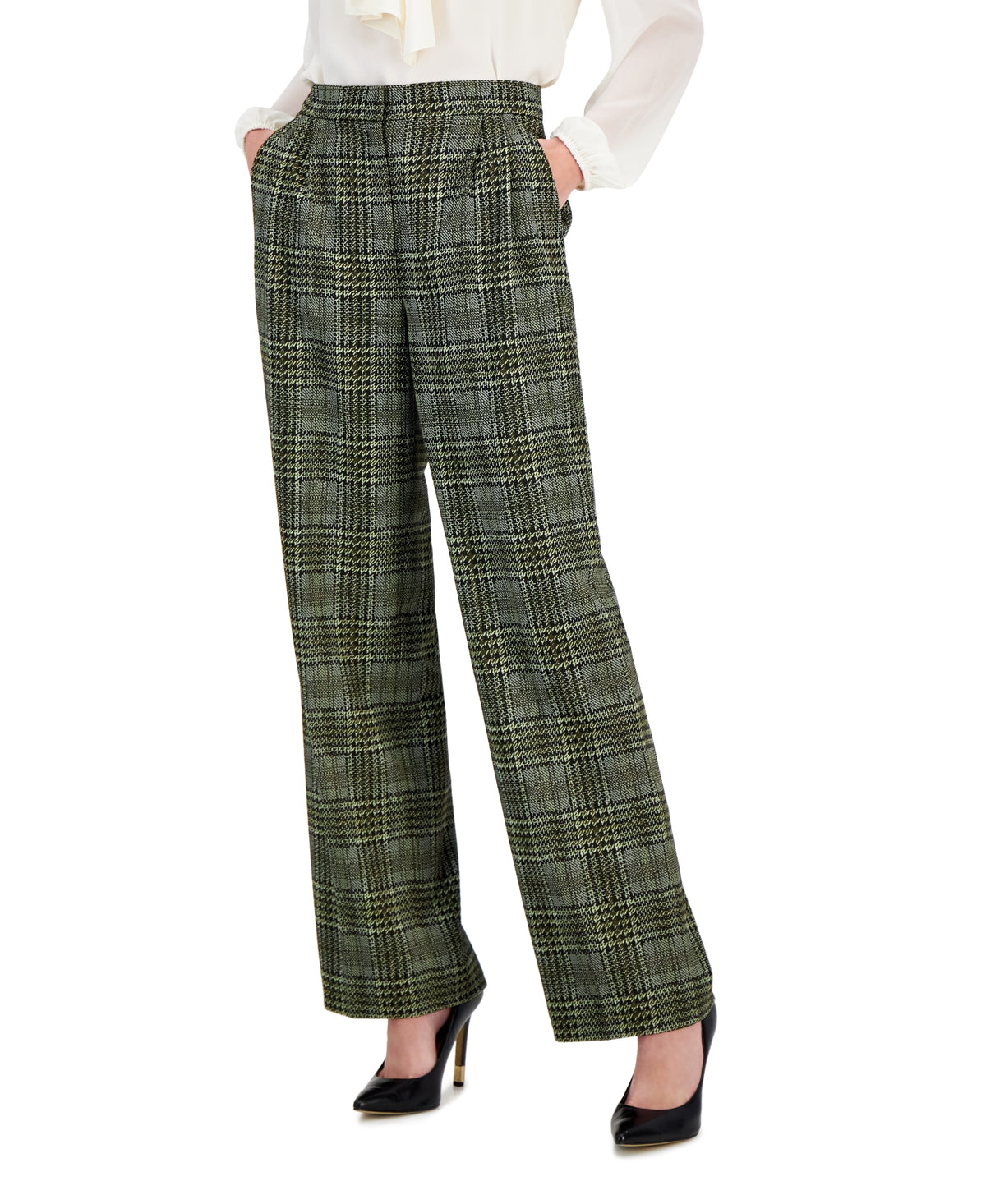 Women's Multi Plaid-Print Pleat-Front Wide-Leg Pants