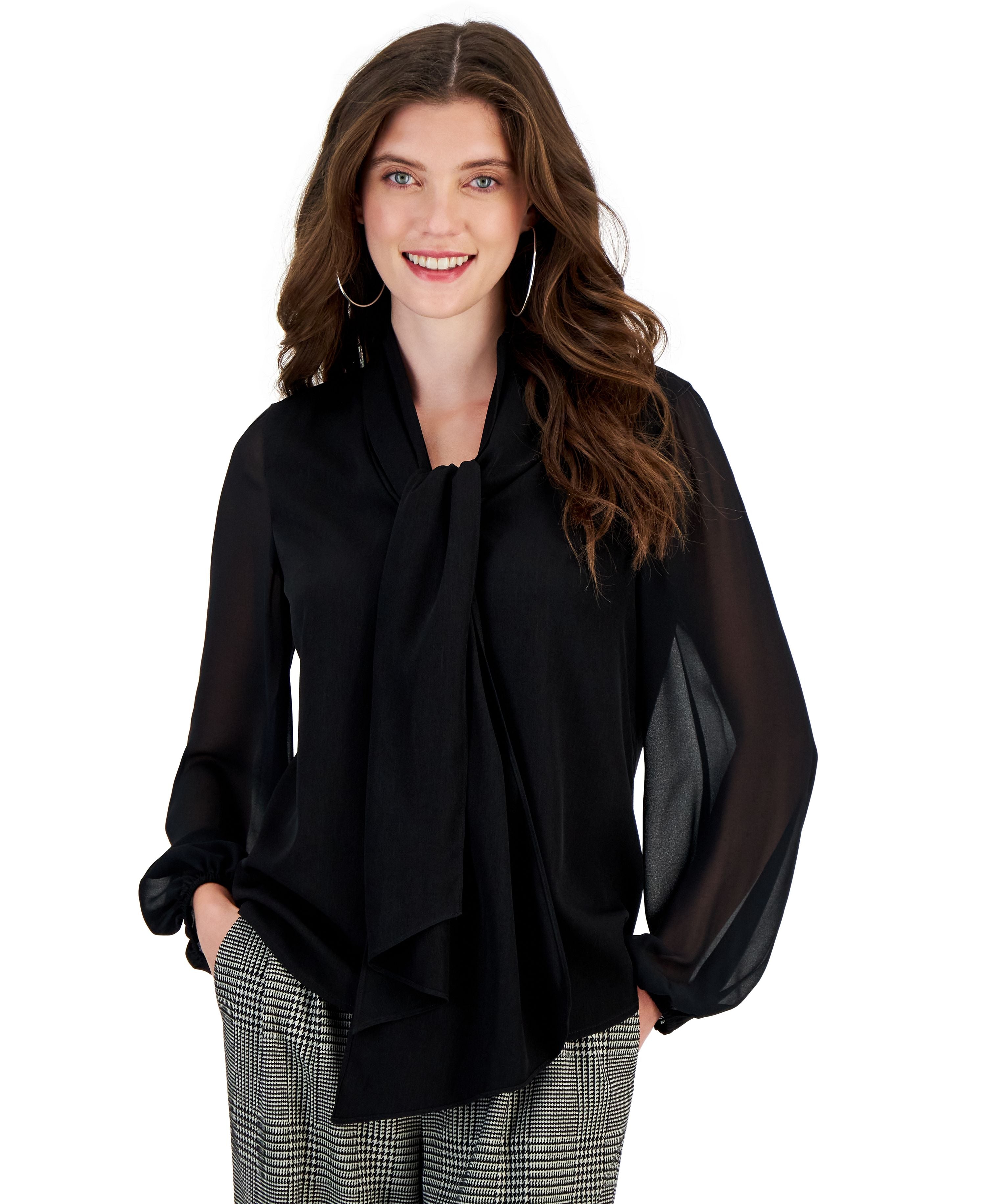 Women's Tie-Neck Sheer-Long-Sleeve Blouse