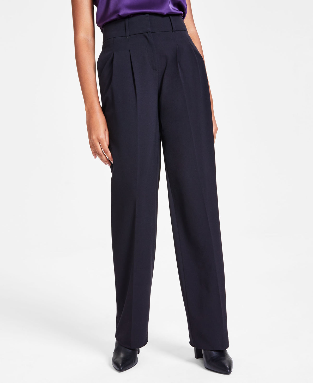 Women's Multi-Plaid Faux-Breasted Jacket, Satin Spaghetti-Strap Scoop-Neck Camisole & Pleated-Front Wide-Leg Pants